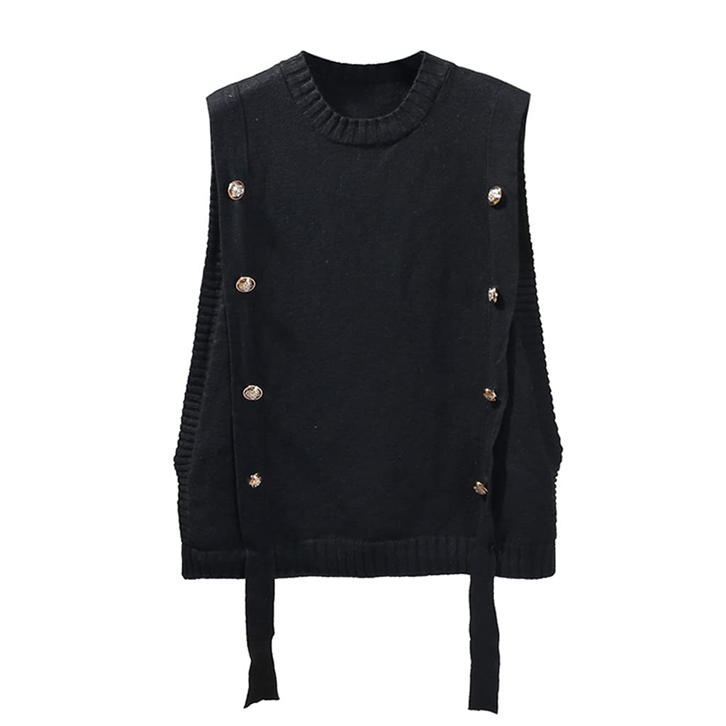 Korean Fashion Women's Knit Sweater Vest - O Neck Solid Pullover Waistcoat for Autumn & Spring | Button Decoration | Black One Size | Perfect for Layering, Office Wear & Casual Outfits