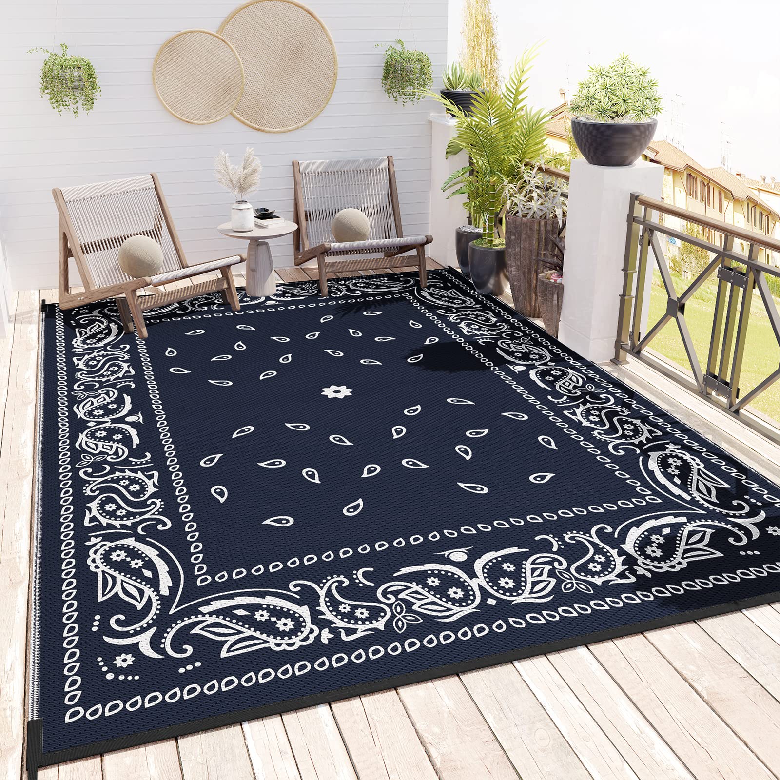 Tchdio 6x9ft Waterproof Outdoor Rug - Reversible Plastic Straw Patio Mat for RV, Camping, Picnic - Indoor/Outdoor Area Carpet with Paisley Pattern in Blue - Perfect for Patio Decor, Backyard, Deck & Garden Use