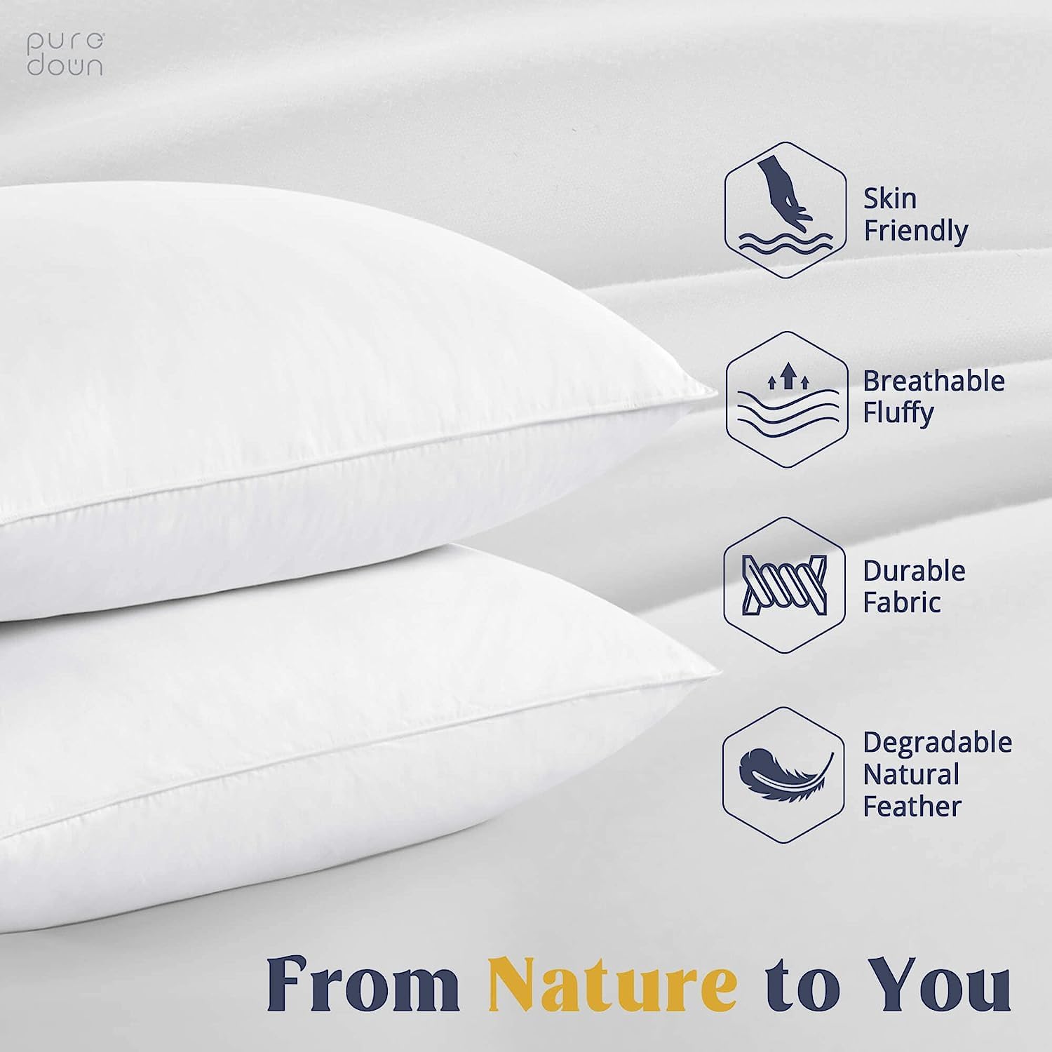 Puredown® 100% Goose Feather & Down Pillows Set of 2 - Queen Size White Pillows with Soft Cotton Cover for Hotel Luxury & Home Comfort - Perfect for Side Sleepers, Back Pain Relief & Bedroom Decor