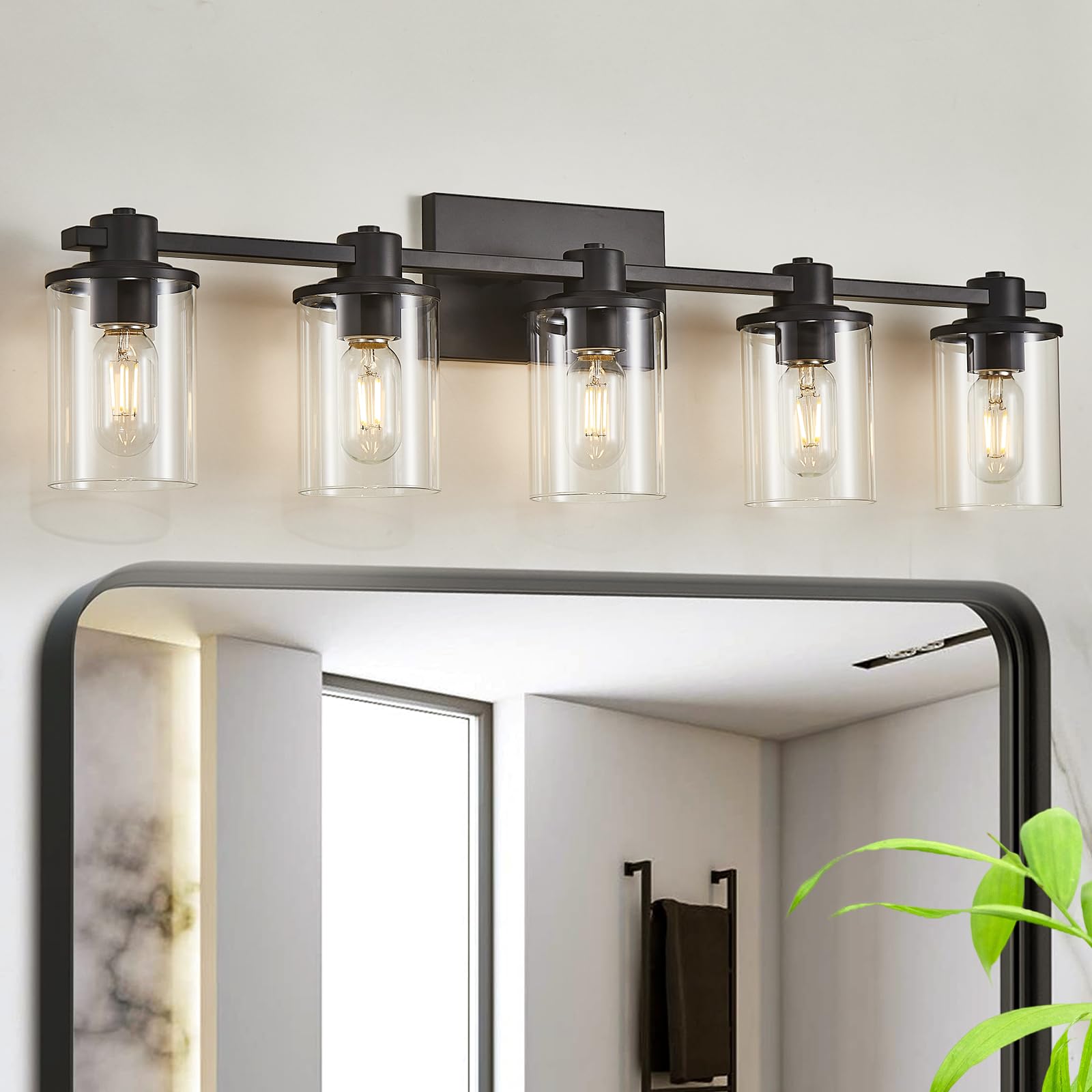 Modern Farmhouse 5-Light Black Bathroom Vanity Light Fixture with Clear Glass Shade - Over Mirror Lighting for Bathroom, Powder Room & Dressing Area - Matte Black Finish Indoor Lighting (Perfect for Modern, Rustic & Vintage Home Decor)