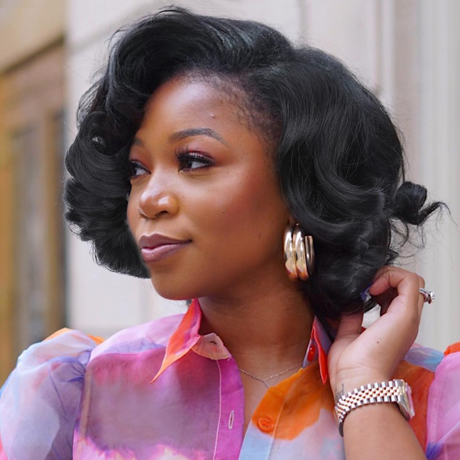 Lady Miranda Short Curly Synthetic Wig - Heat Resistant Bob Loose Wave Lace Part Wig for Black Women | Natural Looking Side Part Human Hair Alternative | Perfect for Cosplay, Daily Wear & Special Occasions (Black)