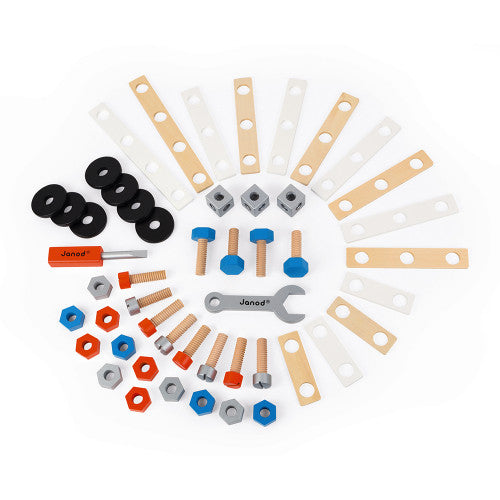 Janod BricoKids DIY Barrel Building Set - 100 Piece Wooden Construction Toy for Kids Ages 4-8 | Creative STEM Learning & Pretend Play | Perfect for Birthday Gifts & Classroom Activities