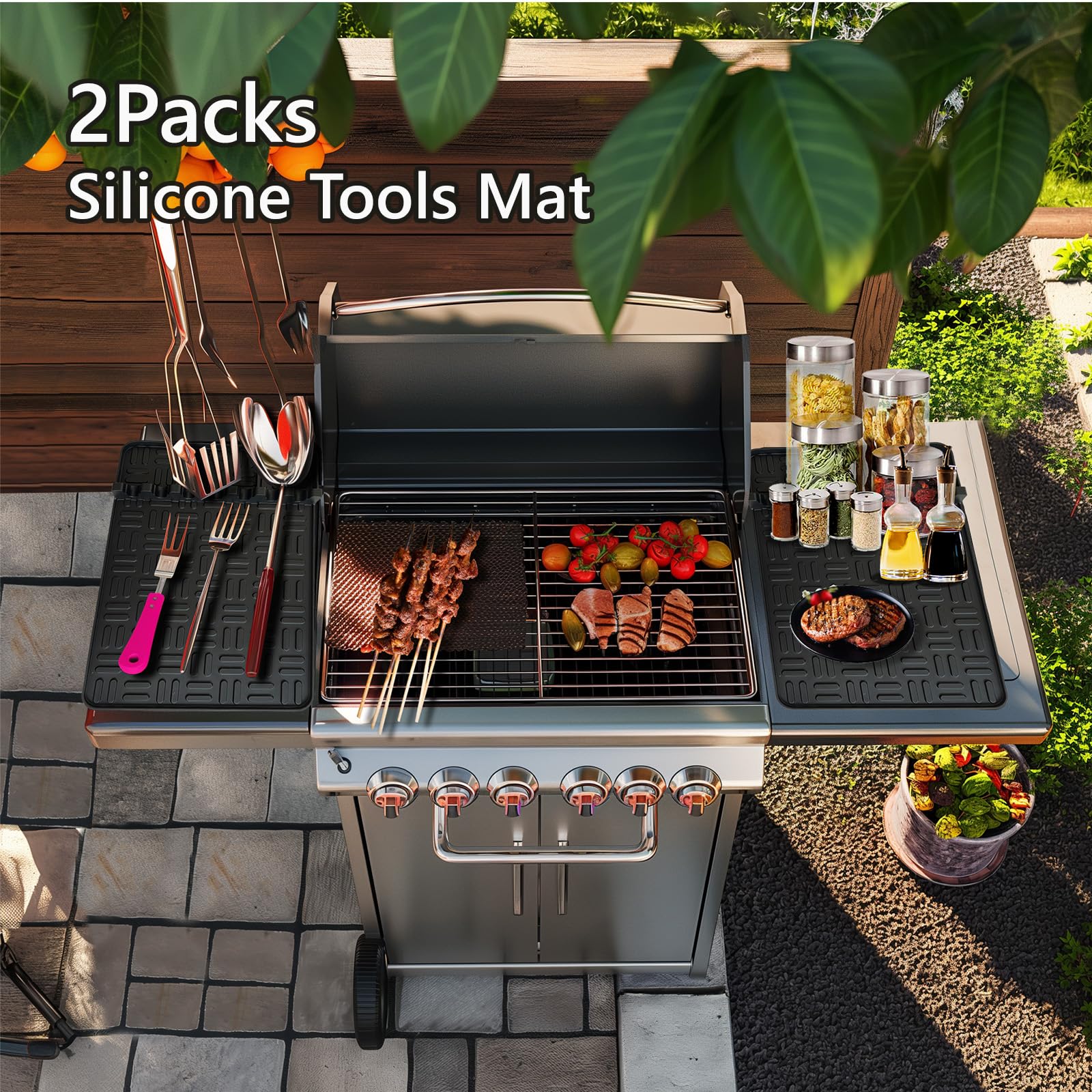 2PCS Large Silicone Griddle Tools Mat with Drip Pad - 15.35