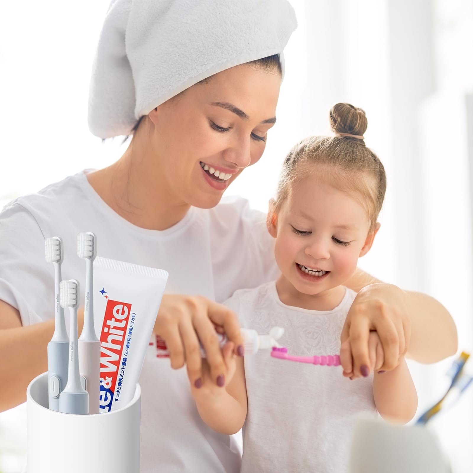 Ceramic Toothbrush Holder for Bathroom - White Reusable Toothbrush & Toothpaste Cup with Mouthwash Compartment | Bathroom Counter Organizer for Sink, Vanity & Shower Organization