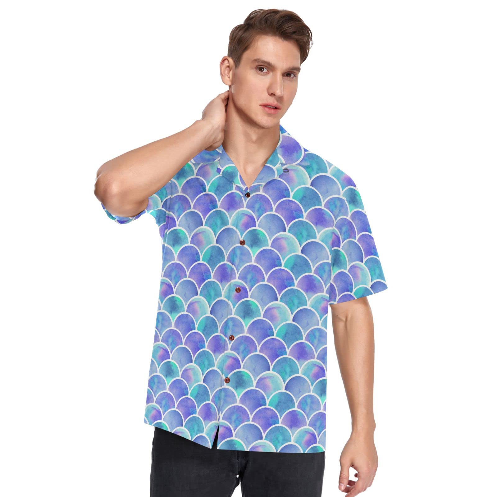ALAZA Men's Mermaid Scale Quick Dry Hawaiian Shirt - Lightweight Breathable Beach Shirt for Summer Vacation, Pool Party & Tropical Getaway