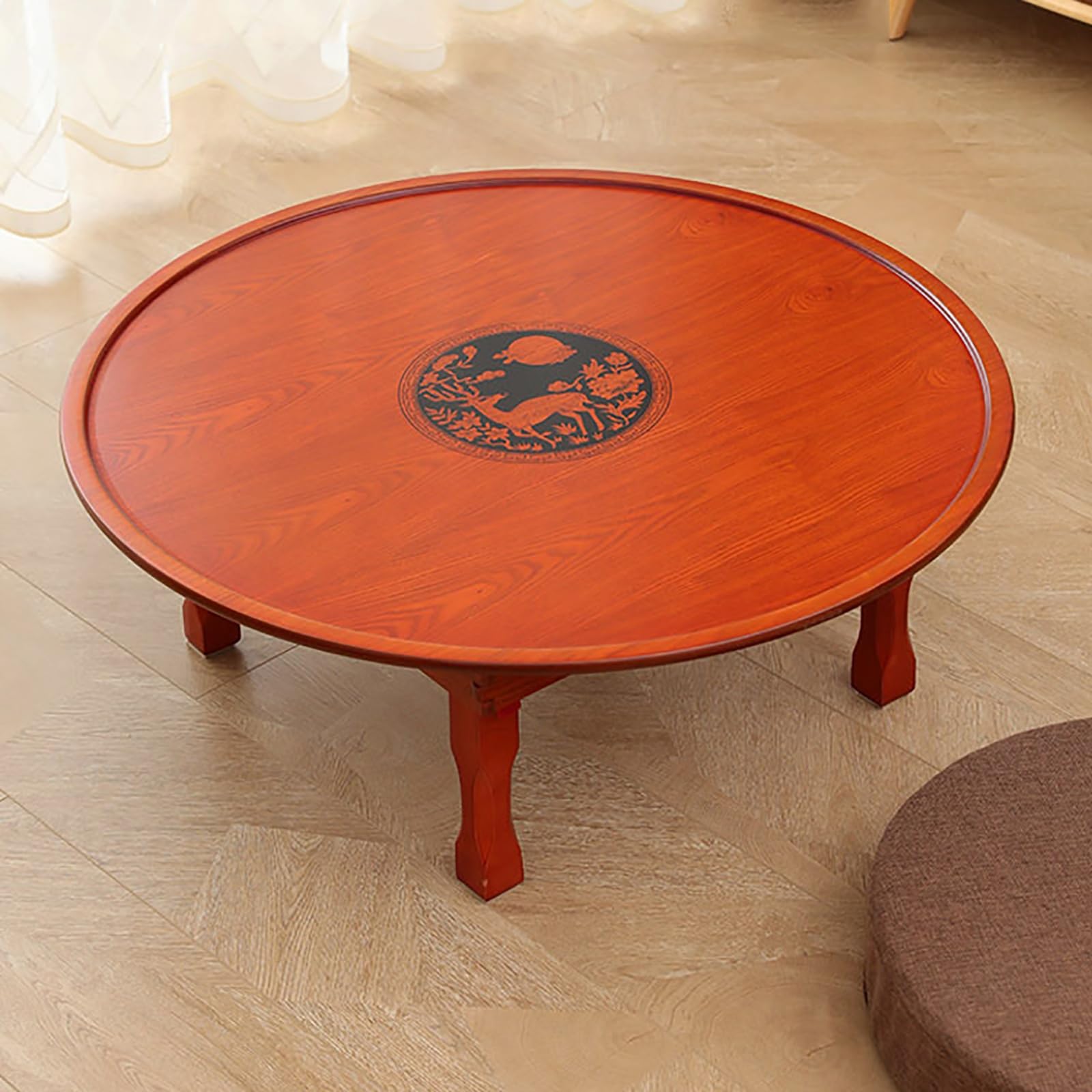 Foldable Round Wooden Table - Korean Style Printed Dining, Coffee, Study & Low Table for Tatami, Bay Window & Tea House (60cm) - Perfect for Small Spaces, Asian Decor & Zen Living Rooms