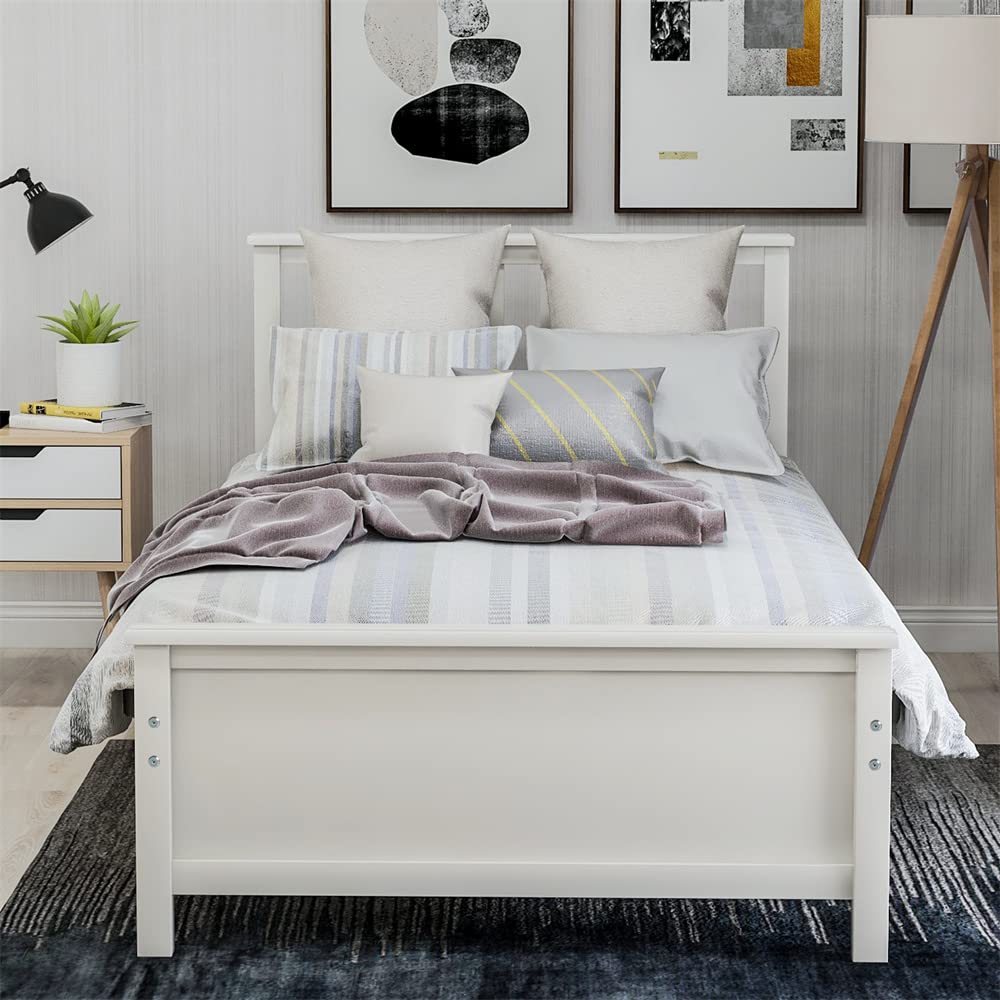 i-POOK Twin Size Wooden Platform Bed Frame with Hollow Headboard & Footboard - Sturdy 10-Slat Support for Kids & Adults, No Box Spring Needed - Perfect for Small Bedrooms, Guest Rooms & Dormitories (White)
