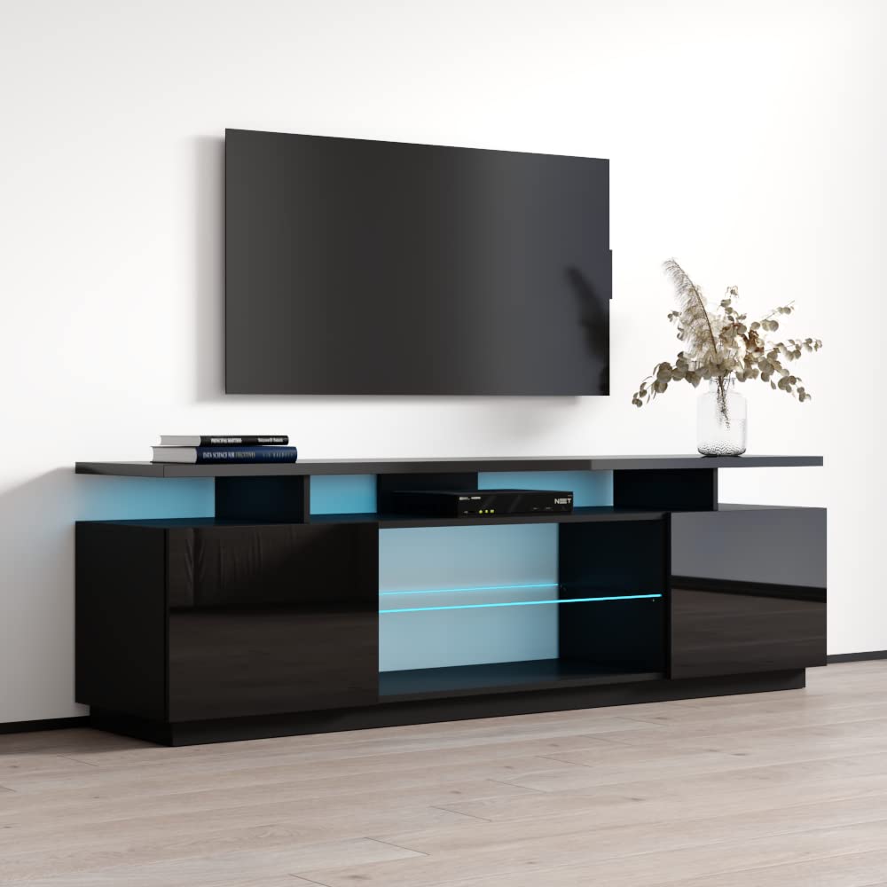 Modern Eva K TV Stand with Matte Glossy Finish - High Gloss Entertainment Center with Storage Cabinets & LED Lights - Media Console for TVs Up to 80 Inches (Black) - Perfect for Living Room, Home Theater & Gaming Setup