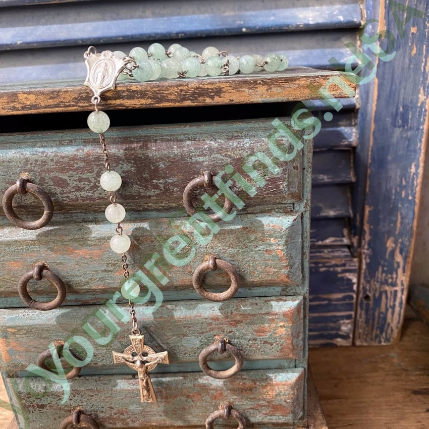 Vintage Sterling Silver Green Jade Bead Rosary Necklace - Elegant Catholic Prayer Beads for Chapel, Meditation & Spiritual Gifts