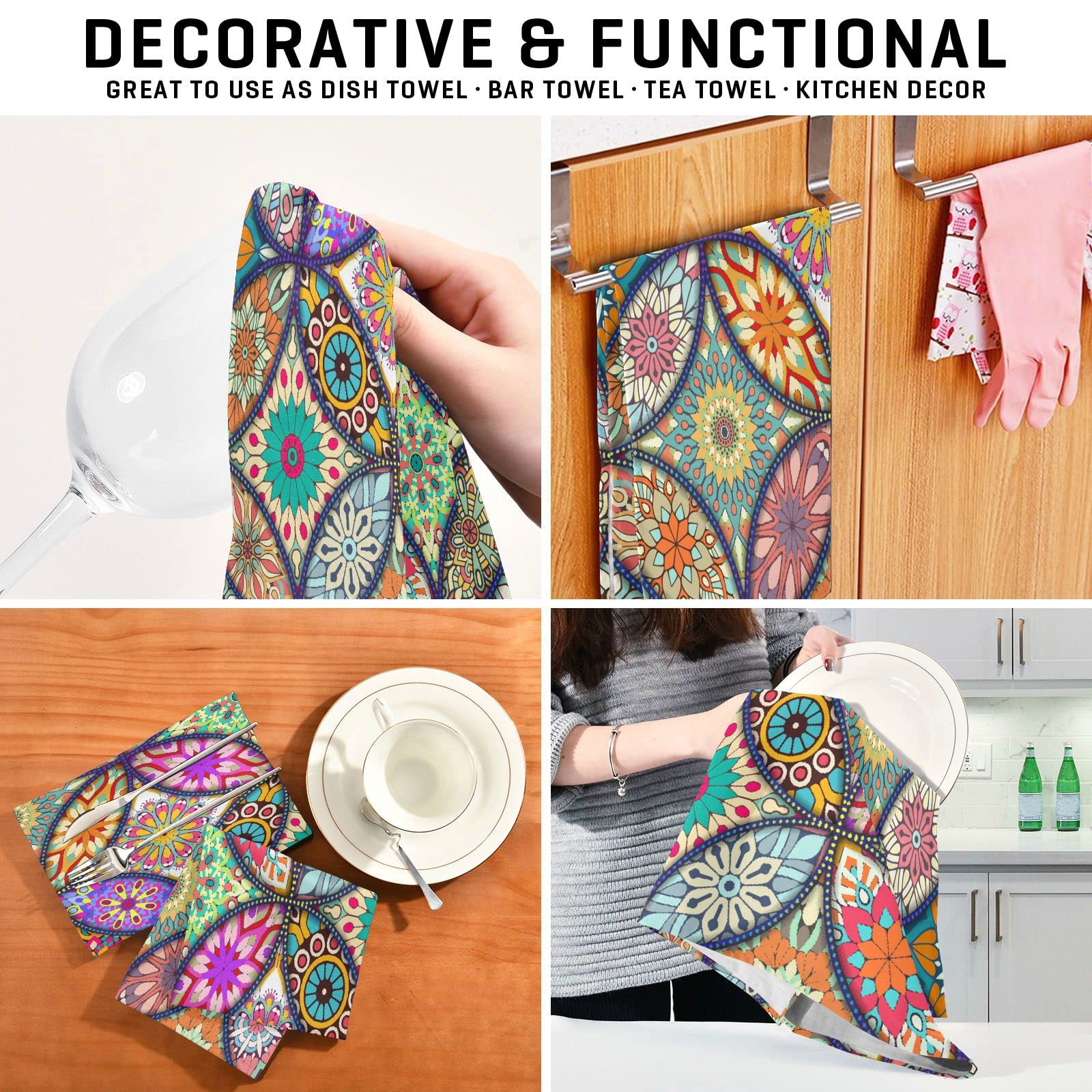 6Pcs Boho Mandala Cotton Kitchen Dish Towel Set - Fast Drying, Absorbent Dishcloths for Cooking, Baking & Cleaning - Native American Style Tea Towels Gift Set for Home, Restaurant & Housewarming