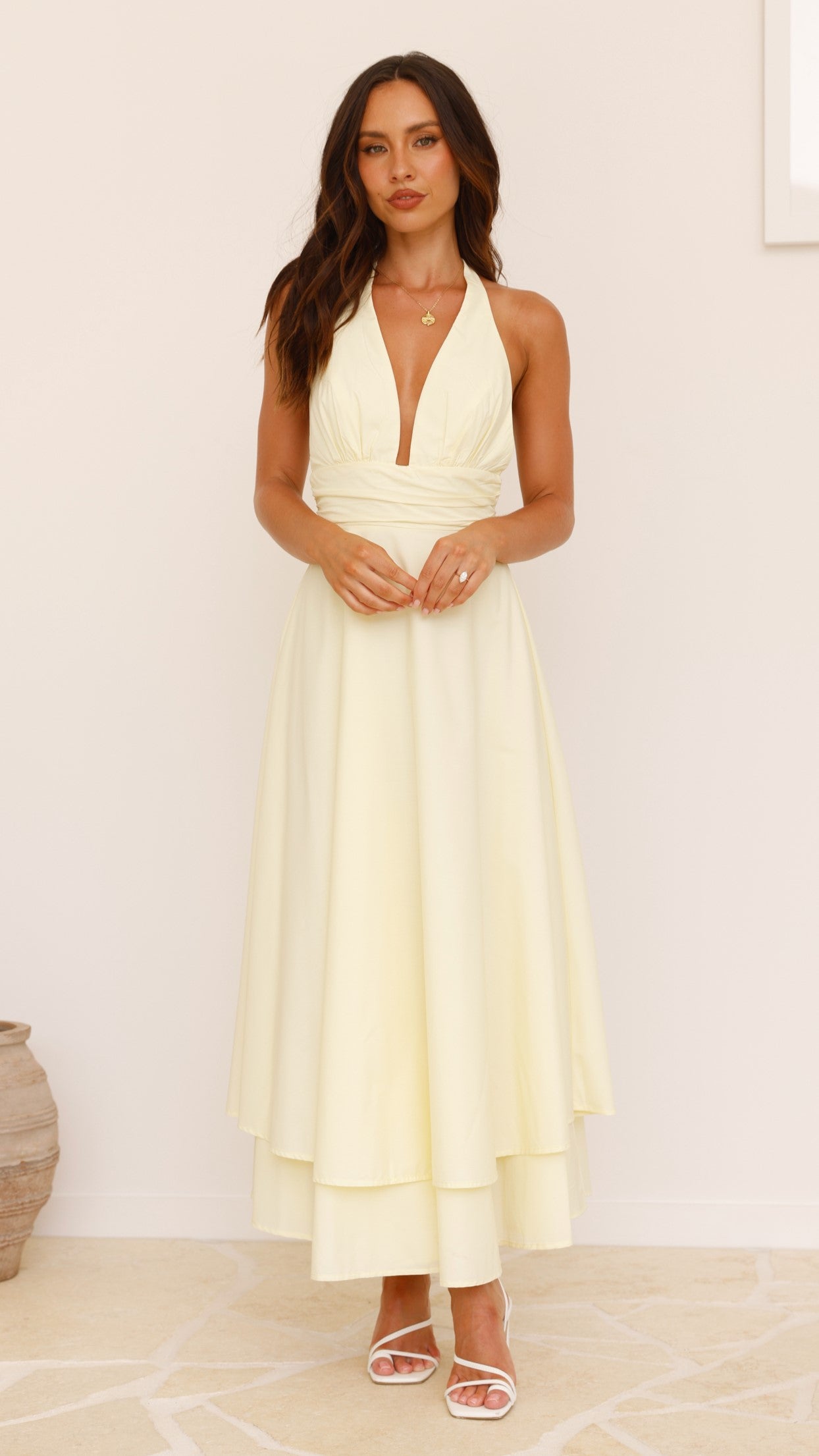 Kathy Halter Neck Maxi Dress in Lemon Yellow - Elegant Summer Beach Dress for Women, Perfect for Vacations, Weddings & Outdoor Parties
