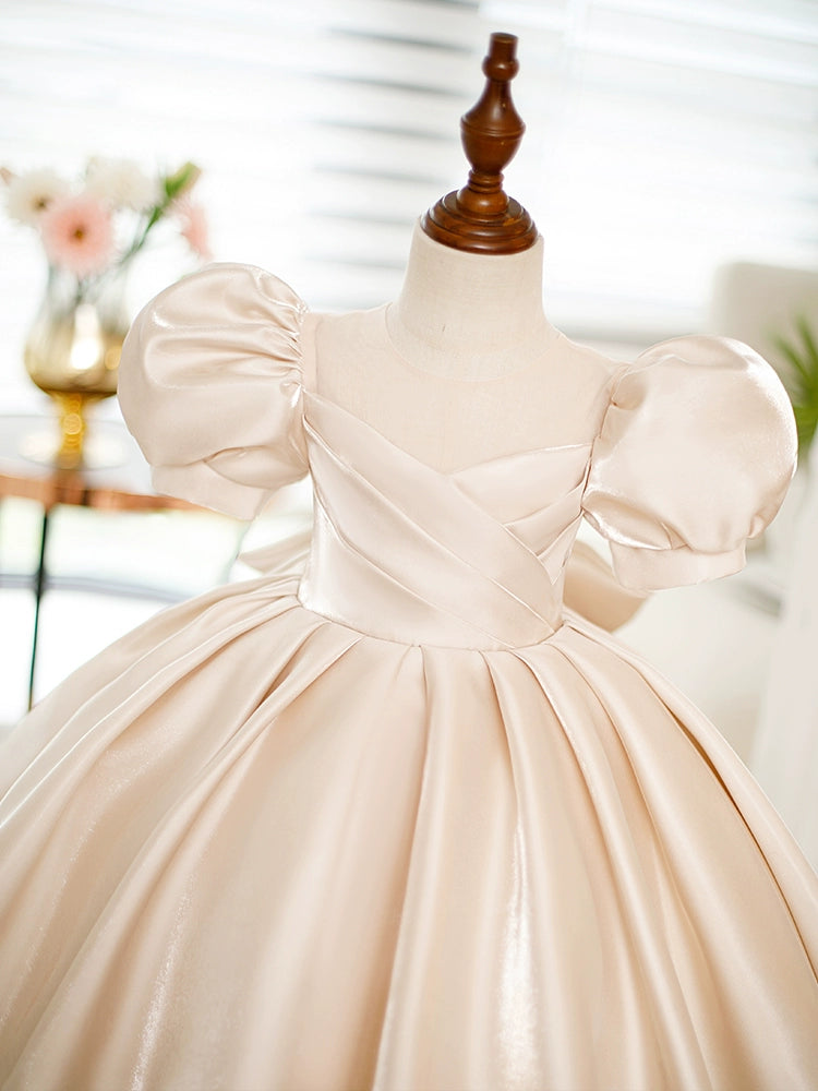 Champagne Princess Round Neck Tea-Length Satin Flower Girl Dress for Weddings, Parties & Special Occasions