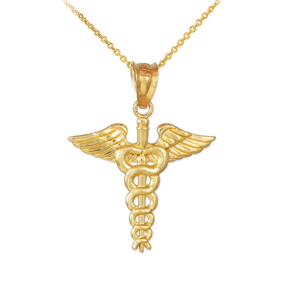 10k Gold Caduceus Charm Pendant Necklace for Medical Professionals