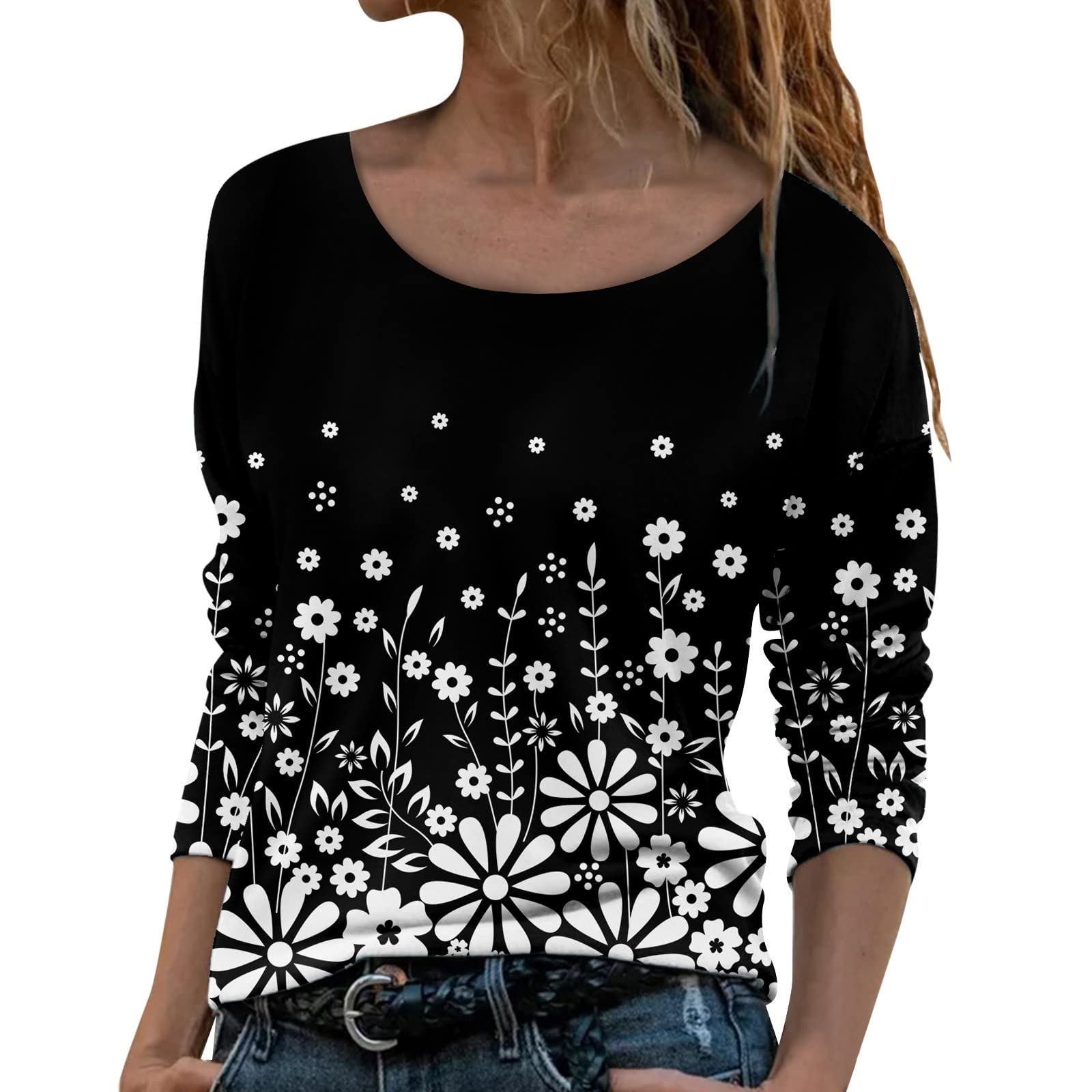 Women's Long Sleeve Casual Shirts - Floral Print Round Neck Cute Tops, Loose Fit Tunic Blouse for Fall | Perfect for Work, Date Night & Autumn Outfits
