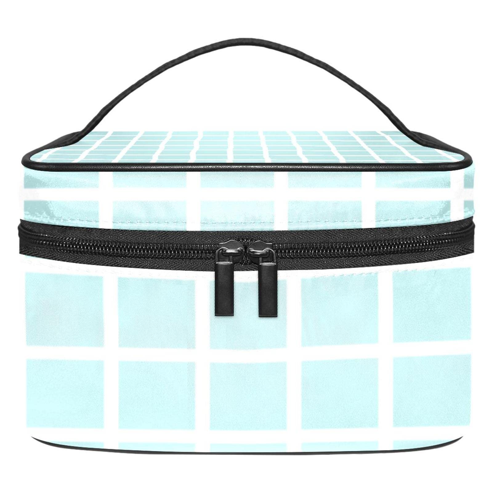 Turquoise Grid Plaid Pattern Portable Makeup Bag for Women & Girls - Waterproof Cosmetic Organizer Pouch for Travel, Gym & Daily Essentials Storage