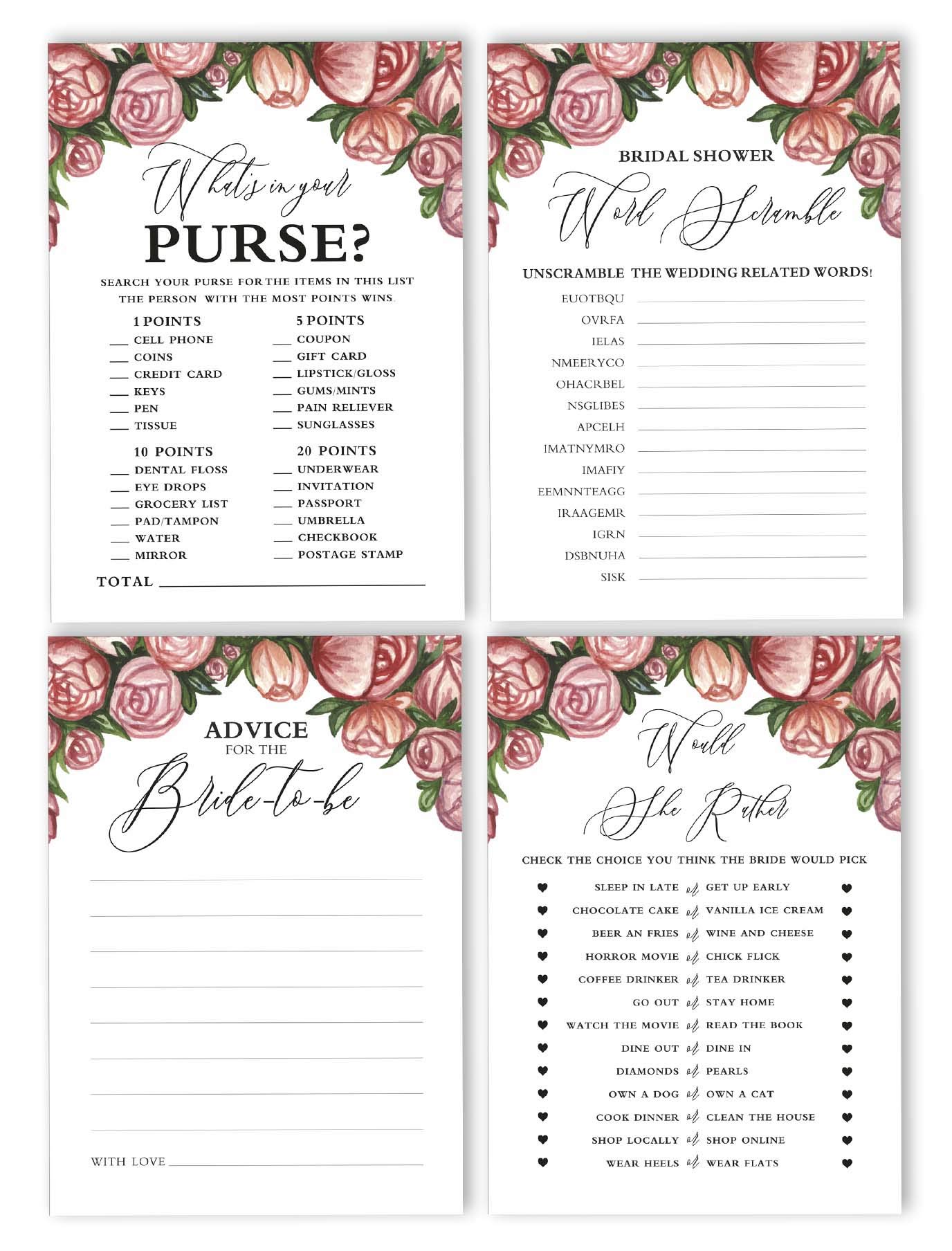 Floral Bridal Shower Game Set of 4 (50 Sheets Each) - Fun Bachelorette Party Games Bundle for Wedding Celebrations & Girls' Night Out