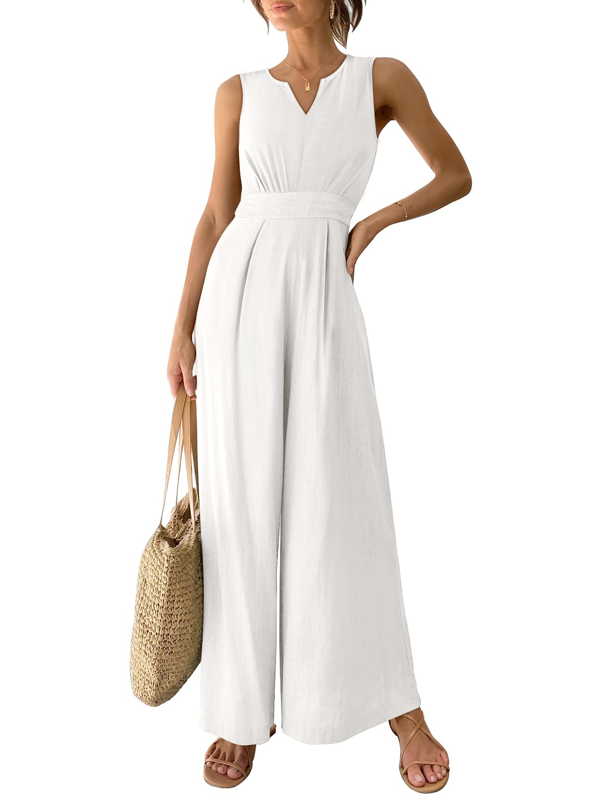 ANRABESS Women's Summer Linen Jumpsuit - Sleeveless V-Neck High Waist Wide Leg Romper | Casual Beach Outfit for Vacation, Party & Outdoor Activities