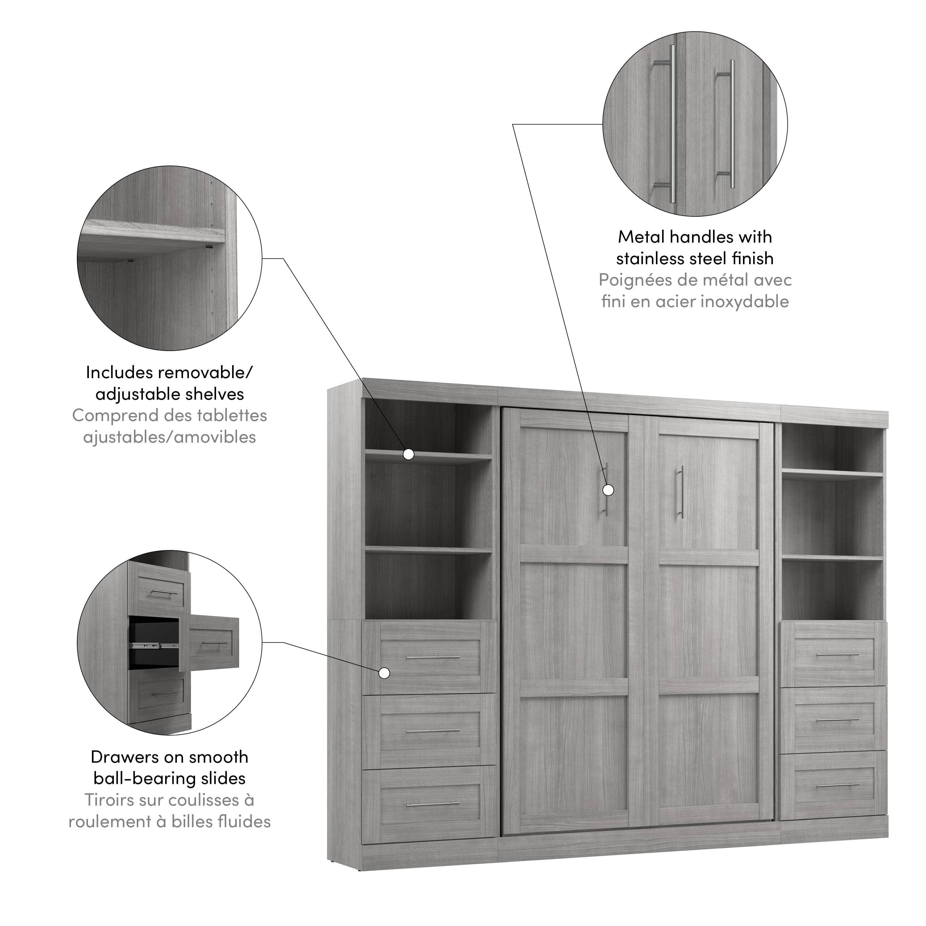 Pur Full Murphy Wall Bed with 2 Storage Units & Drawers (109W) - 7 Color Options for Space-Saving Home Office, Guest Room & Small Apartments