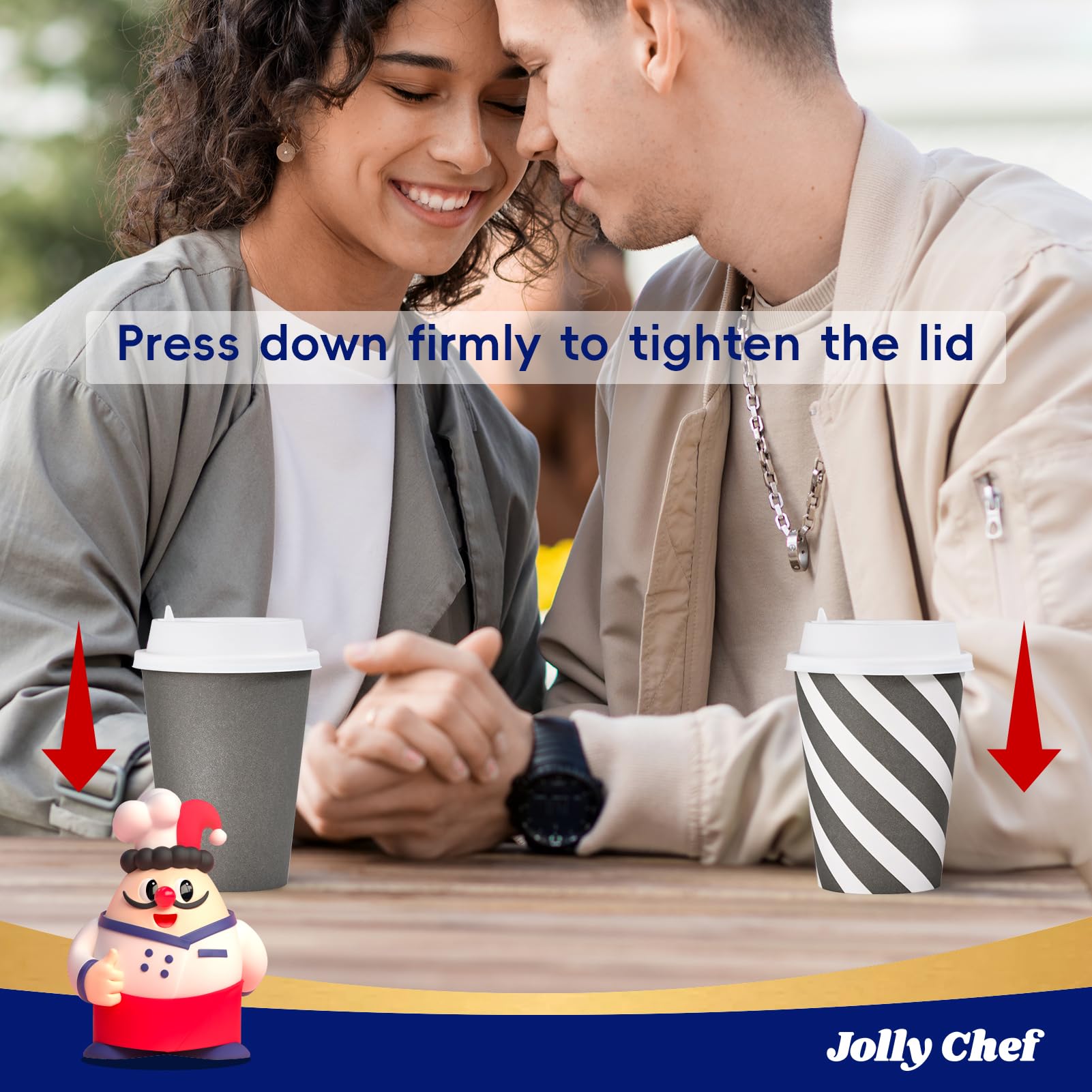JOLLY CHEF 100 Pack 12 oz Disposable Paper Coffee Cups with Lids - Printed Hot Drink Cups for Home, Office, Restaurant & Cafe Use - Stripes and Grey Design - Perfect for Coffee, Tea, Hot Chocolate and Takeout Beverages