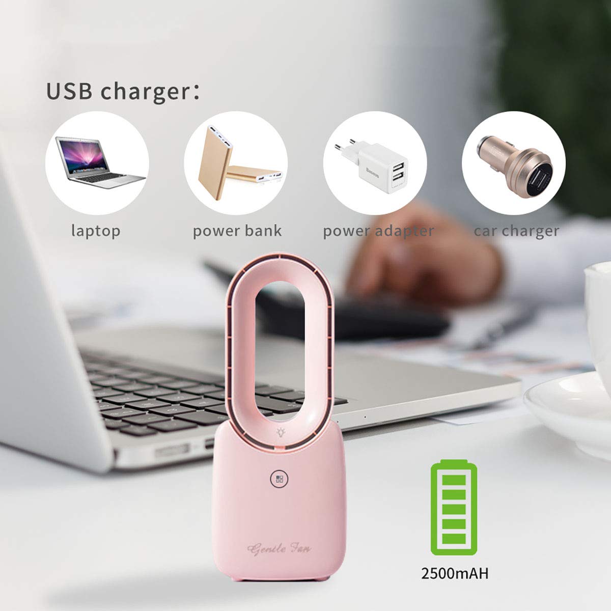 Elyss Desk Fan - Small USB Table Fan with 5 LED Lights & 4 Wind Speeds, Personal Bladeless Air Cooler for Office, Bedroom, Dorm Room & Home Use