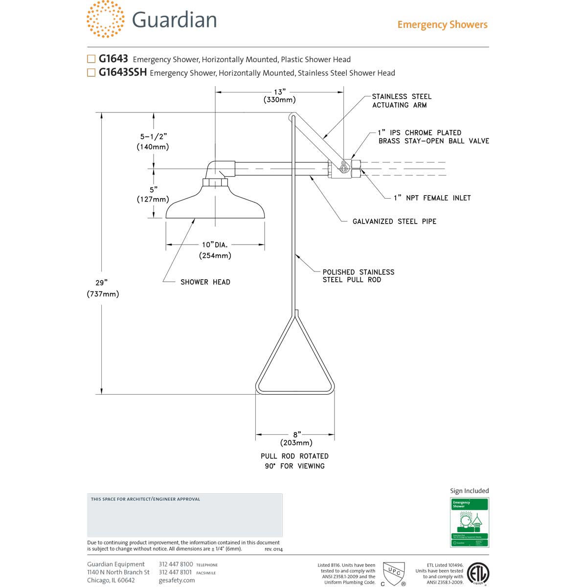 Guardian G1643SSH Stainless Steel Emergency Drench Shower - Horizontal Mount Safety Shower for Laboratories & Industrial Use