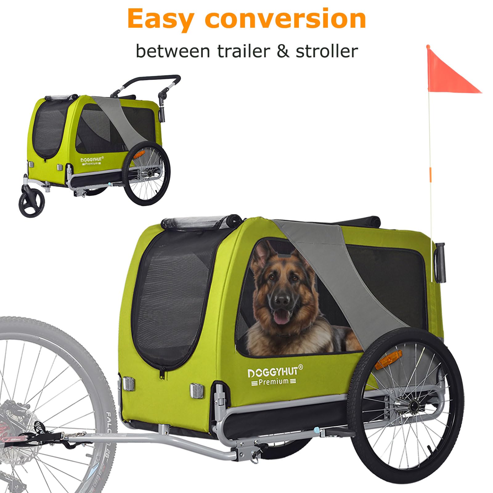 DOGGYHUT® Premium Large/XL Pet Bike Trailer & Stroller for Big Dogs - Heavy Duty Bicycle Carrier with Low Center Gravity, Parking Brakes & Foldable Frame - Perfect for Cycling, Jogging & Outdoor Adventures with Your Dog