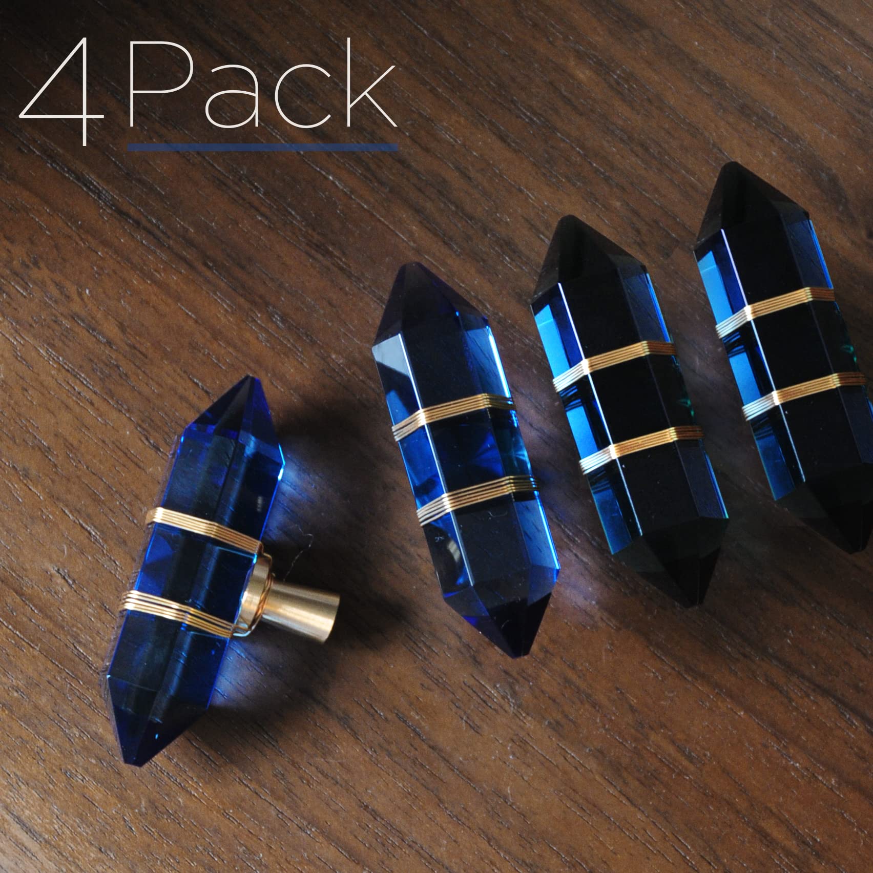 Hexagonal Crystal Knobs - 4 Pack Brass Drawer Pulls for Dresser & Kitchen (Blue) - Elegant Cabinet Hardware