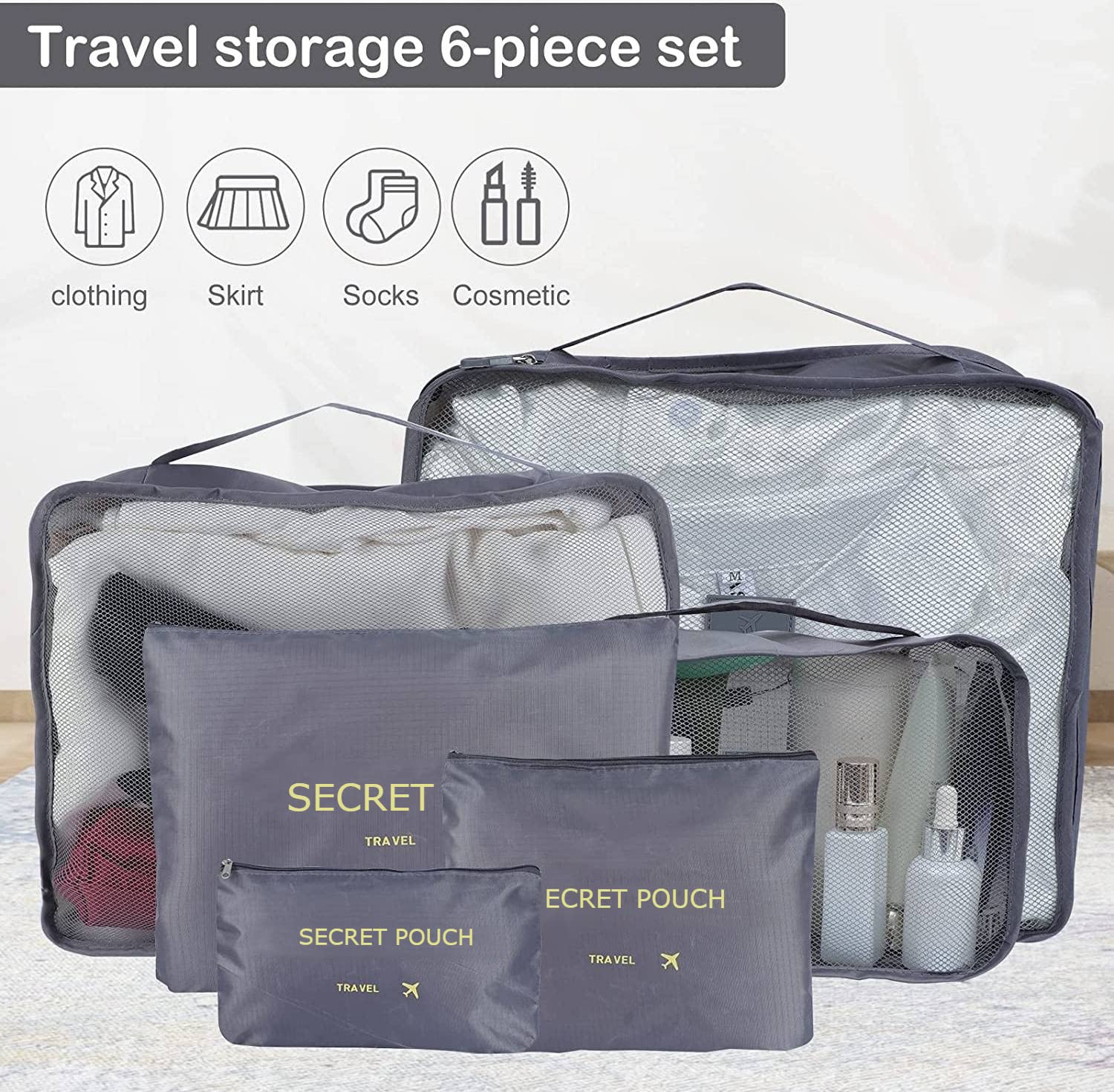 FLYNGO 6-Piece Travel Organizer Set - Packing Cubes for Clothes, Toiletries & Luggage | Space Saving Bags for Cosmetics, Underwear, Socks & Shoes | Perfect for Men & Women Travel Accessories (Grey) - Ideal for Vacation, Business Trips & Weekend Getaways