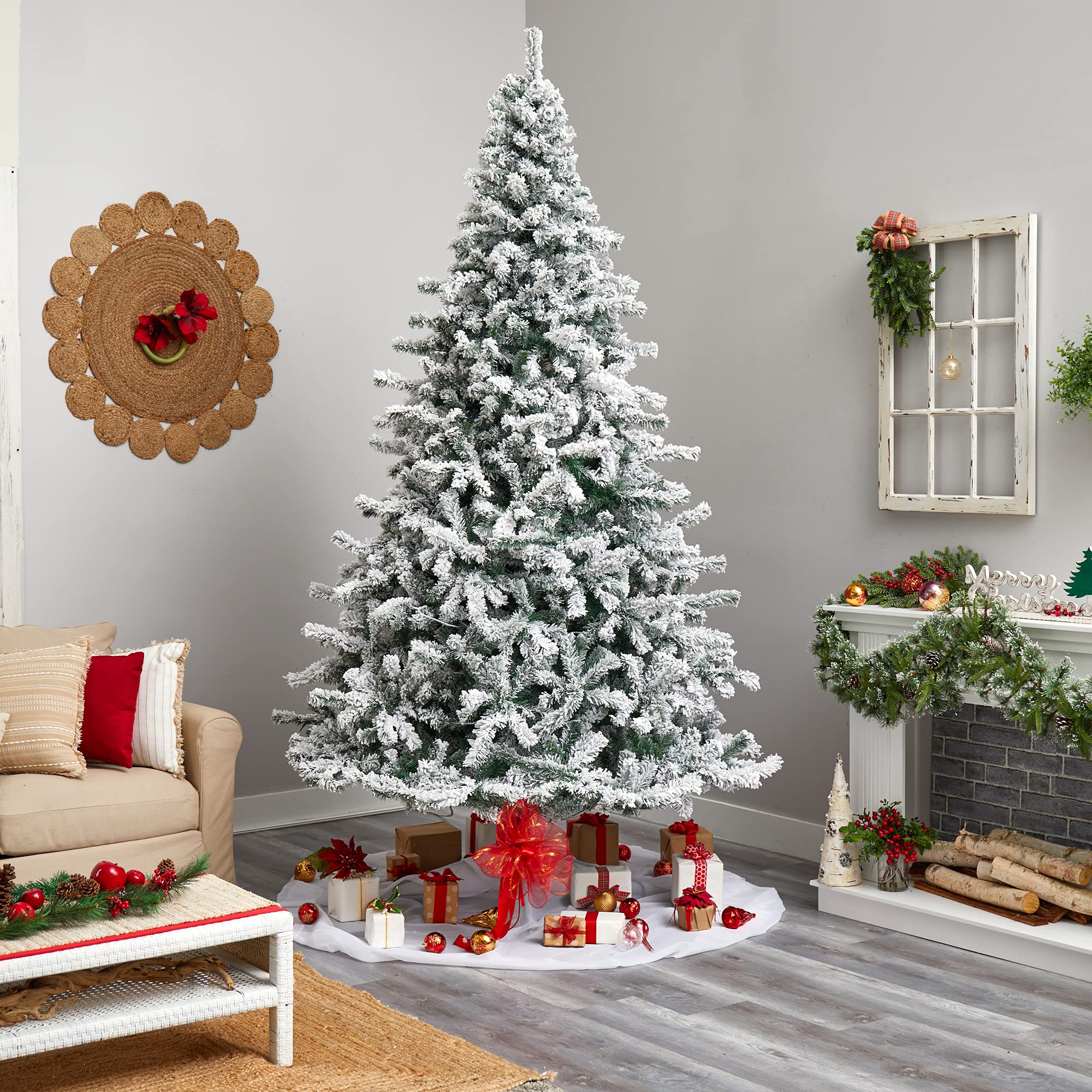 Nearly Natural 10ft Flocked Rock Springs Spruce Artificial Christmas Tree with 800 LED Lights & 1880 Bendable Branches | Premium Holiday Decor for Living Room, Office & Party