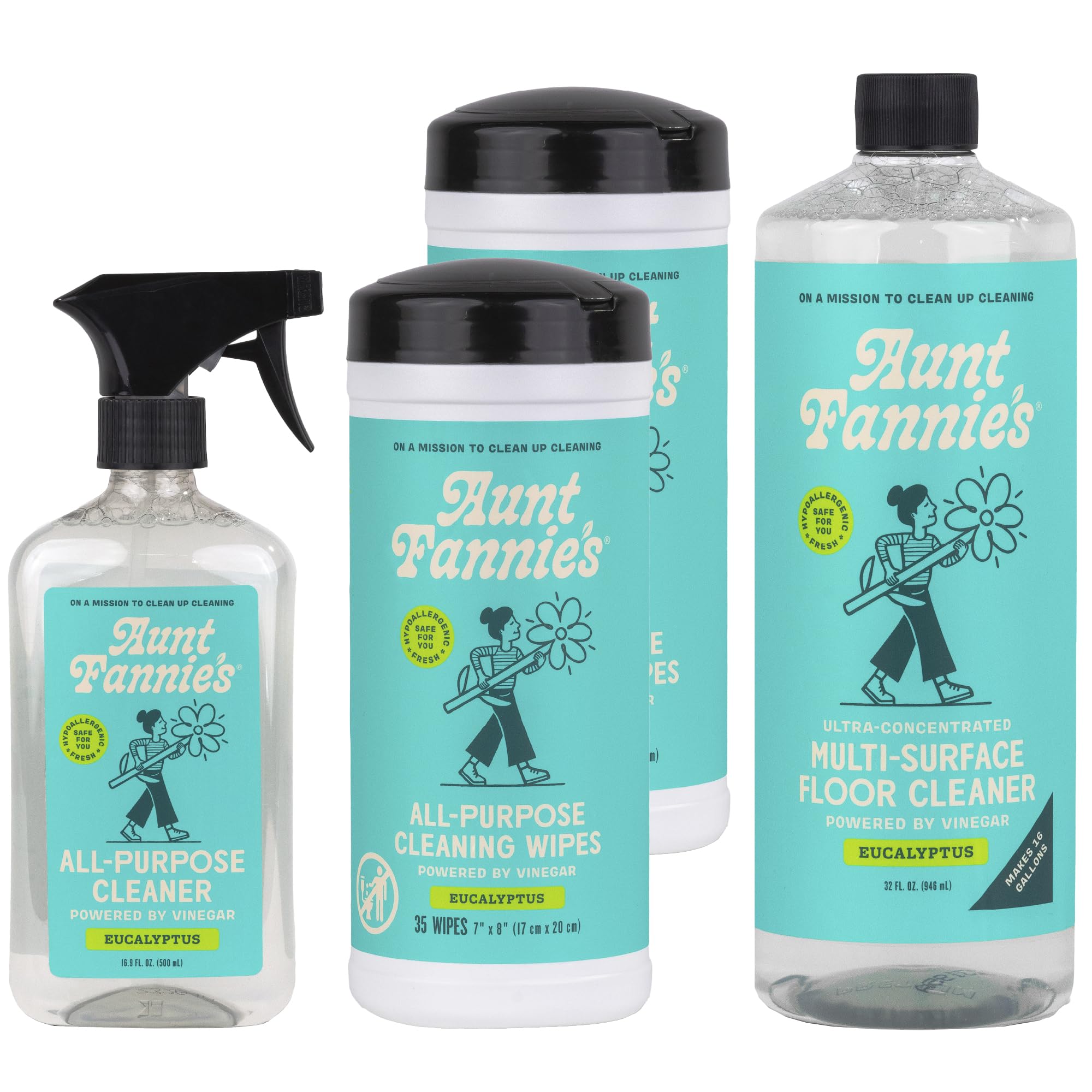 Aunt Fannie's Vinegar Cleaning Kit - All Purpose Spray, Wipes & Floor Cleaner for Home Cleaning (Eucalyptus)