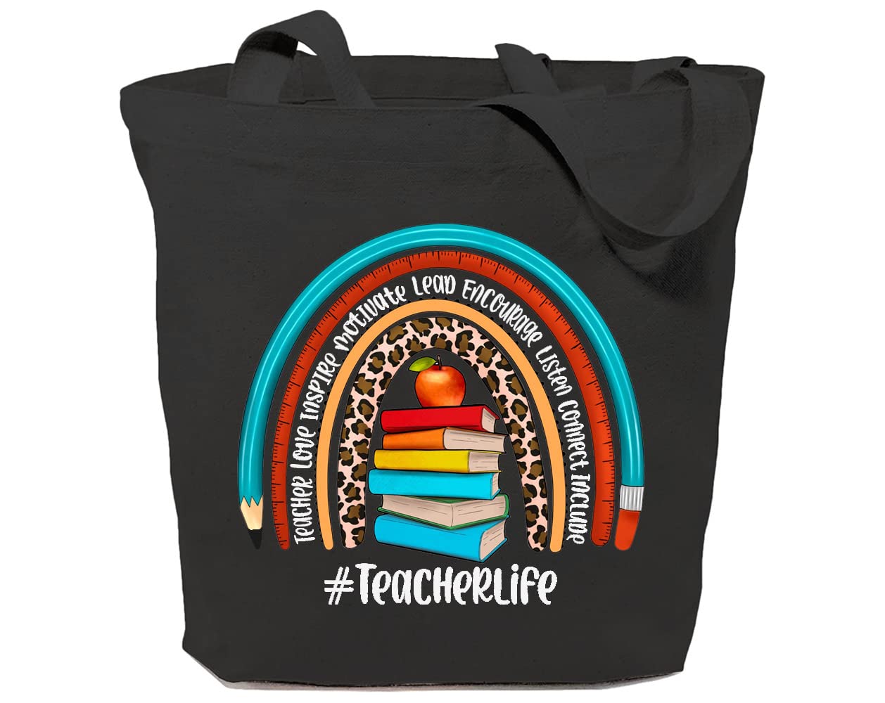 GXVUIS Teacher Life Canvas Tote Bag - Women's Leopard Print Rainbow Reusable Shoulder Bag - Perfect for School, Shopping & Teacher Appreciation Gifts