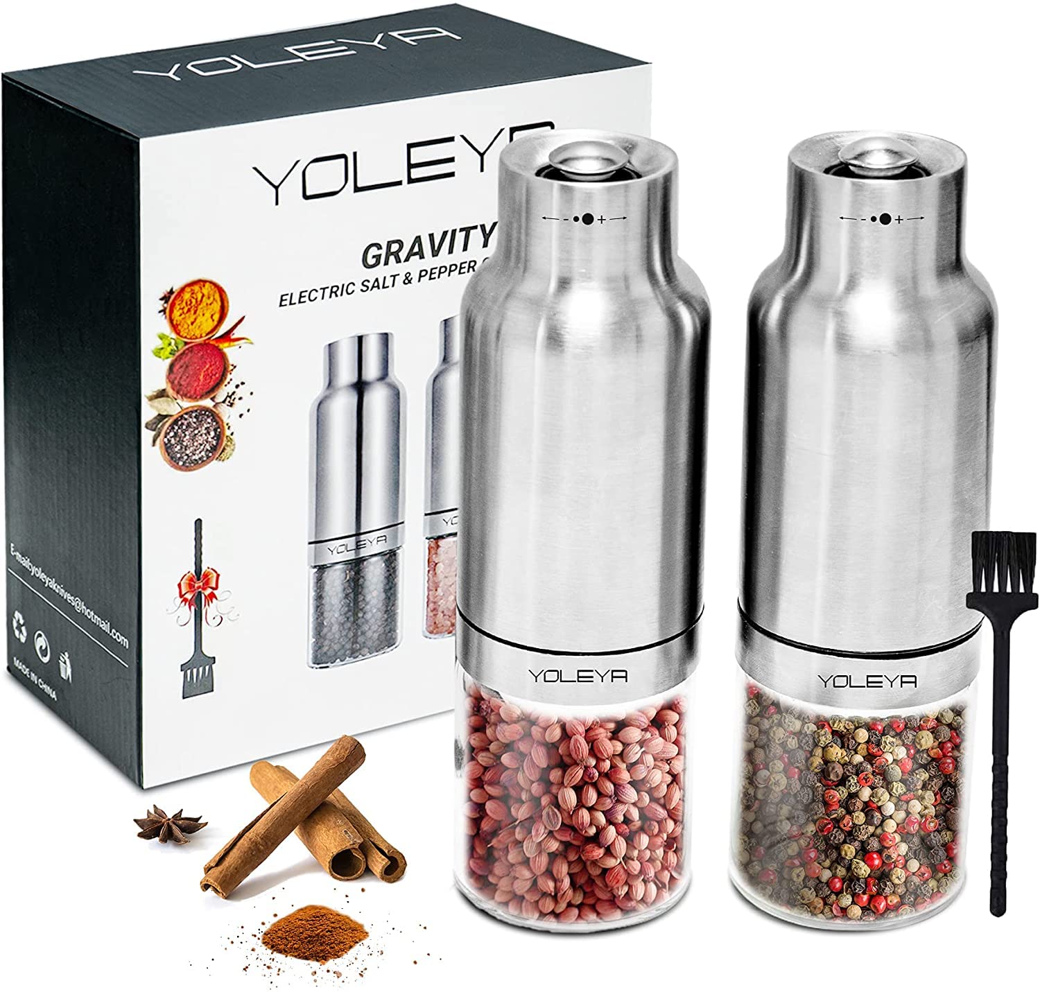 MengK Gravity Electric Salt and Pepper Grinder Set - Battery Operated Automatic Spice Mill with Adjustable Coarseness, One-Hand Operation & Cleaning Brush - Perfect for Kitchen, Dining Table, Camping and Gifts