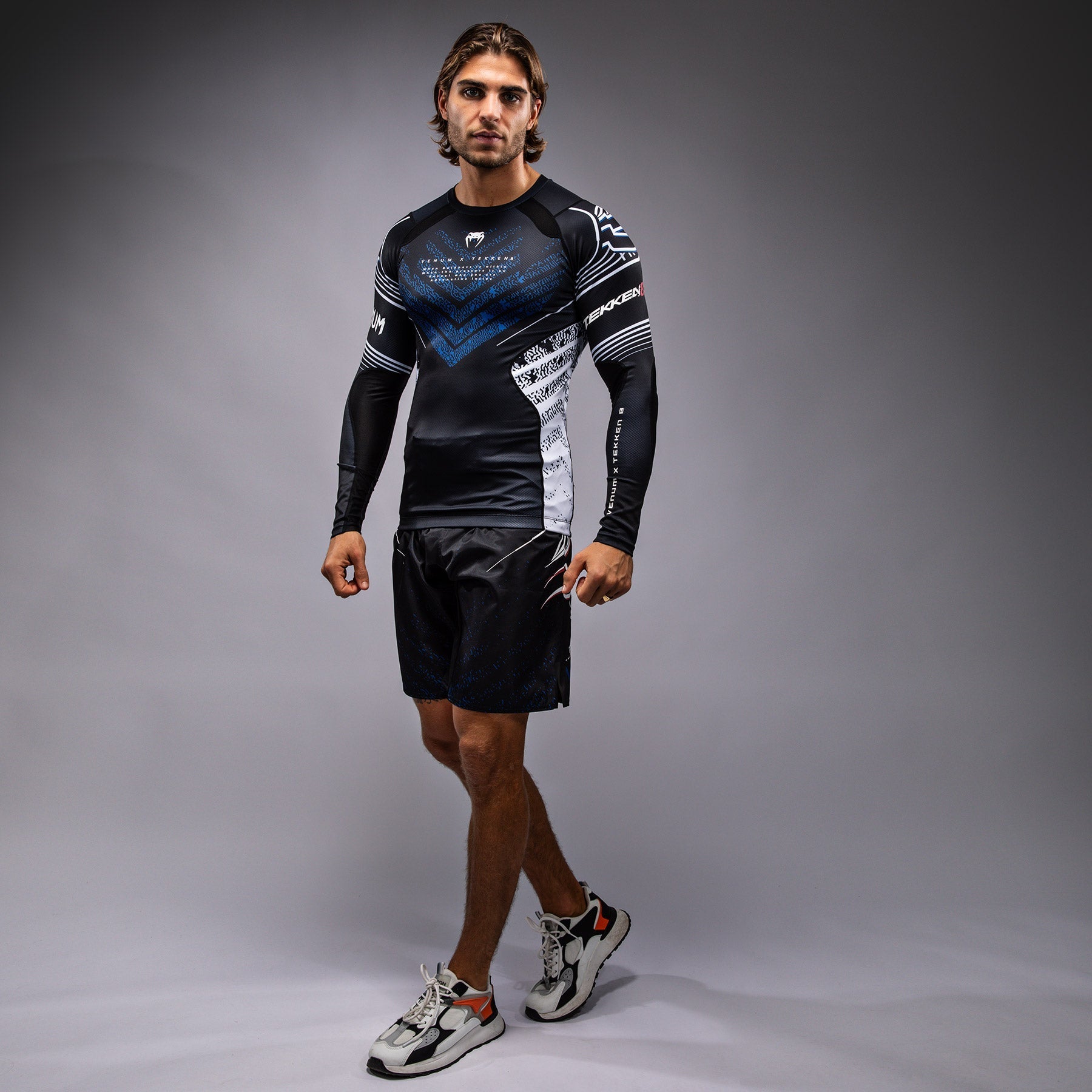Venum x TEKKEN 8 Jin Kazama Rashguard - Blue/Black/White MMA & BJJ Training Shirt for Men - Perfect for Martial Arts, Grappling & Fitness Workouts