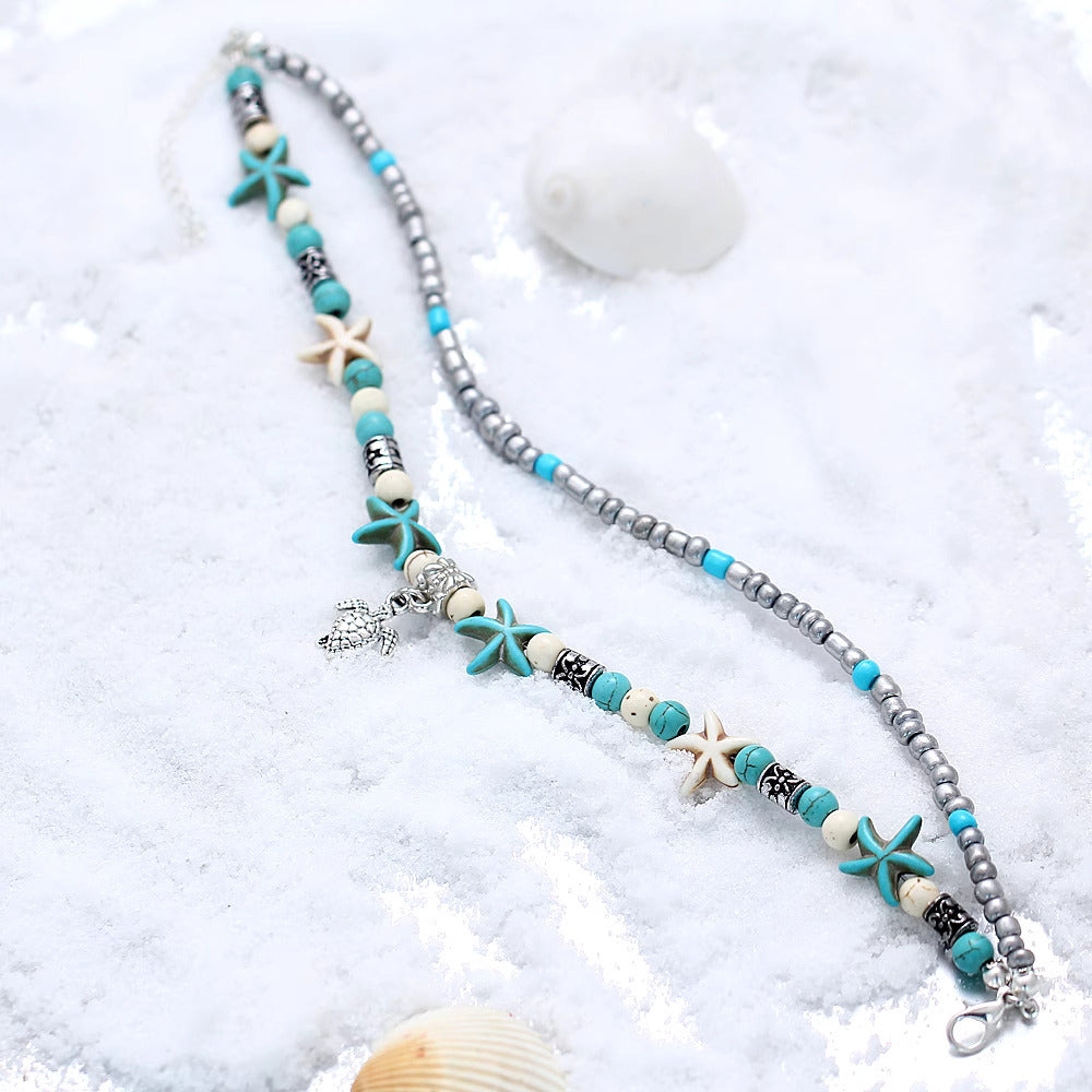 Boho Turquoise Glass Beaded Anklet Bracelet for Women - Handmade Adjustable Ankle Chain Jewelry | Perfect for Beach, Festival, Summer Outfits & Boho Style Accessories | X1805