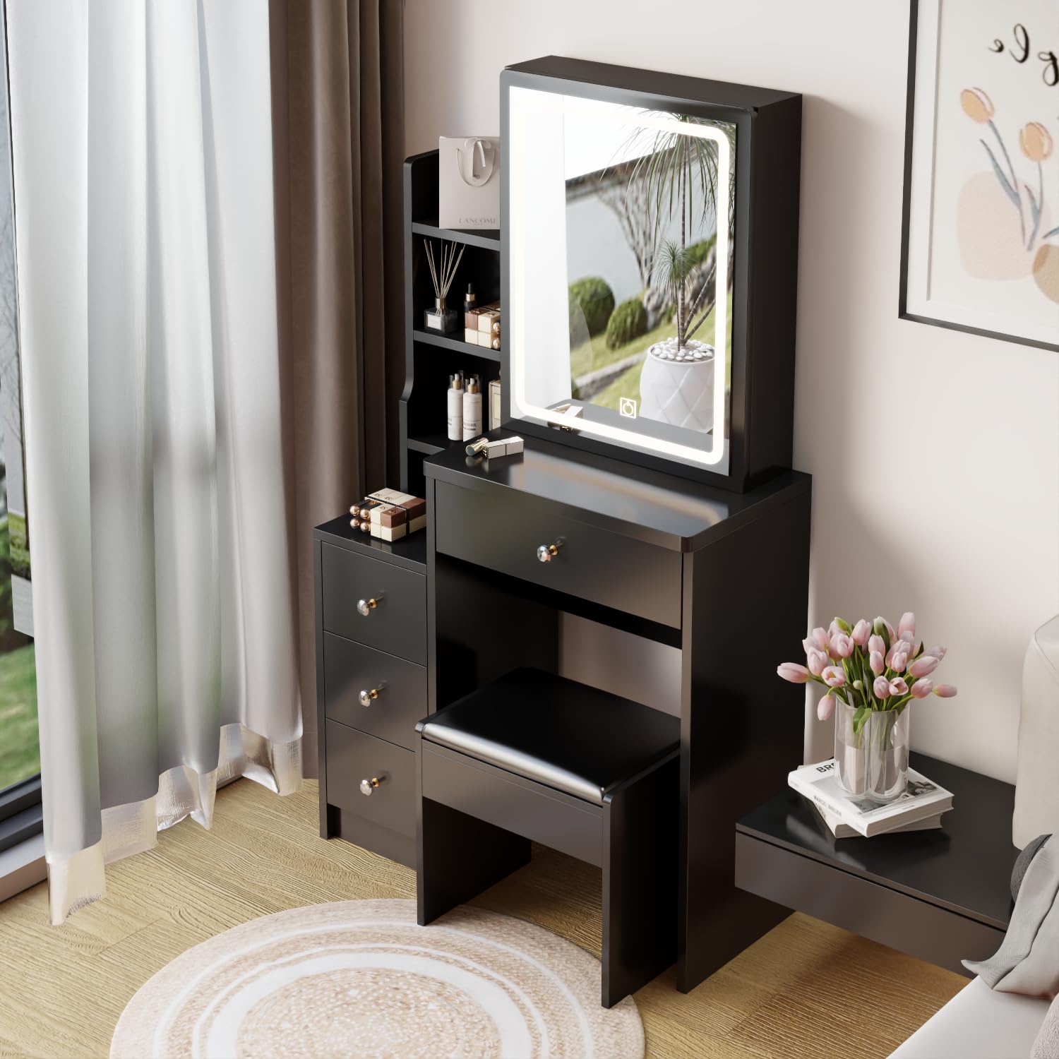 Elegant Black Vanity Desk with LED Mirror & Cushioned Stool - Touch Control, Tri-Color Lighting, Adjustable Brightness - Perfect for Makeup, Skincare & Dressing Room Organization (Large Sliding Drawer)