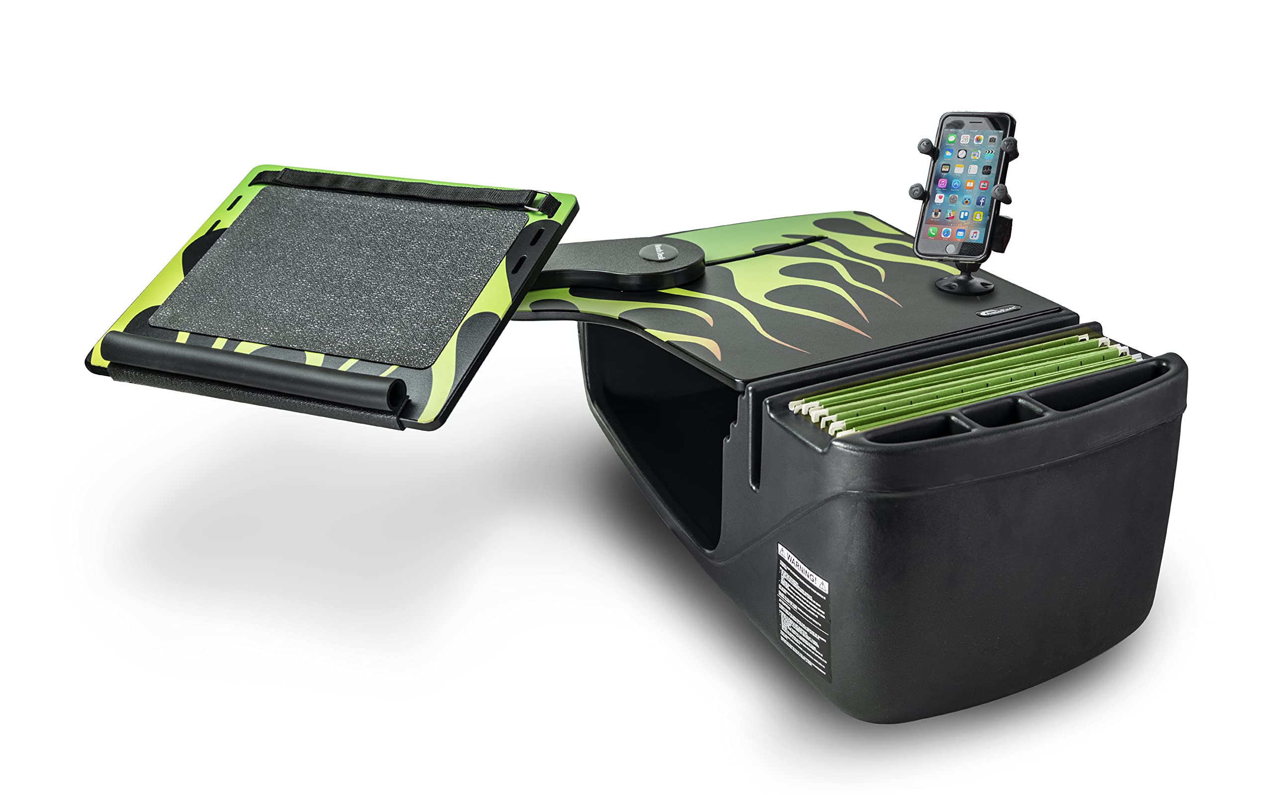 AutoExec AUE17082 Reach Desk Front Seat Car Desk - Candy Apple Green Flames with Phone Mount - Perfect for Work, Study & Snacking in Your Car