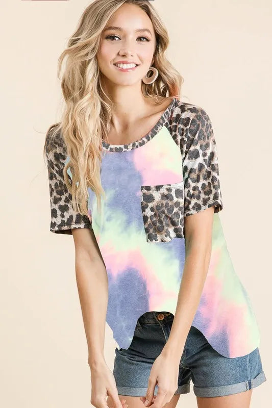 BiBi Tie Dye Knit Top with Leopard Print Raglan Sleeves | Trendy Women's Casual Shirt for Streetwear, Music Festivals & Boho Outfits