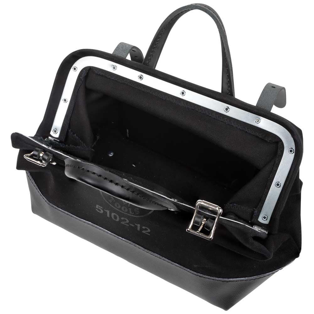 Klein Tools 510212BLK Heavy Duty Black Canvas Tool Bag - 12-Inch Professional Tool Tote with Wide Hinged Opening & Leather Handles - Perfect for Electricians, Contractors & DIY Projects