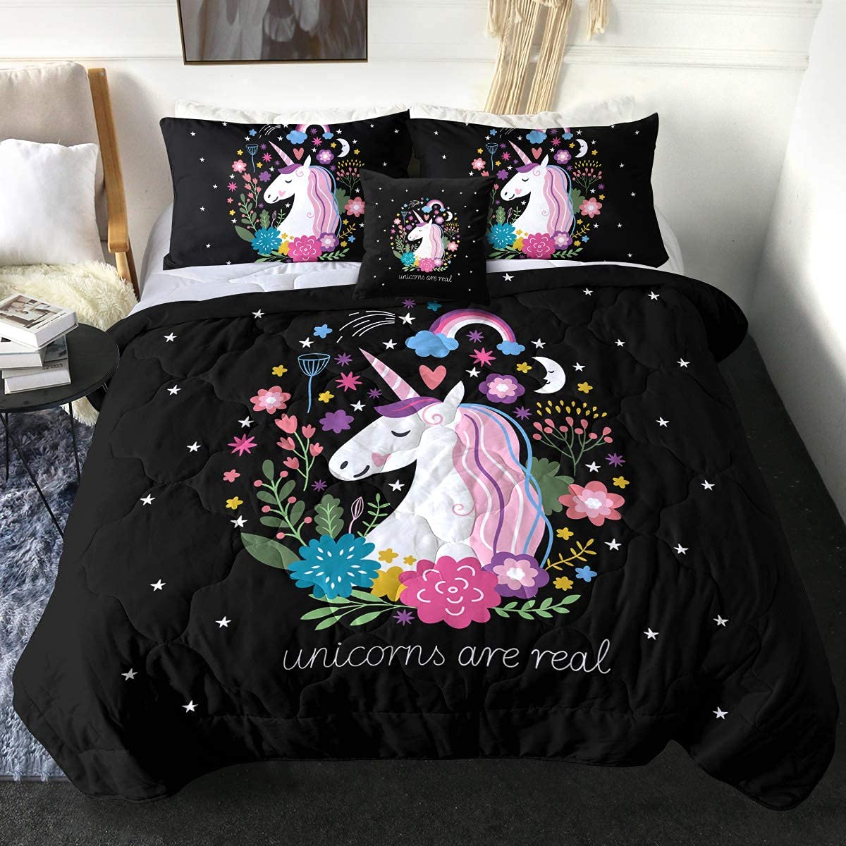 Sleepwish Unicorn Comforter Set - 4 Piece King Size Bedding with 2 Pillow Shams & 1 Cushion Cover | 3D Cartoon Unicorn Floral Print Reversible Comforter in Black & Pink | Perfect for Girls' Bedroom, Teen Room Decor & Gift Ideas