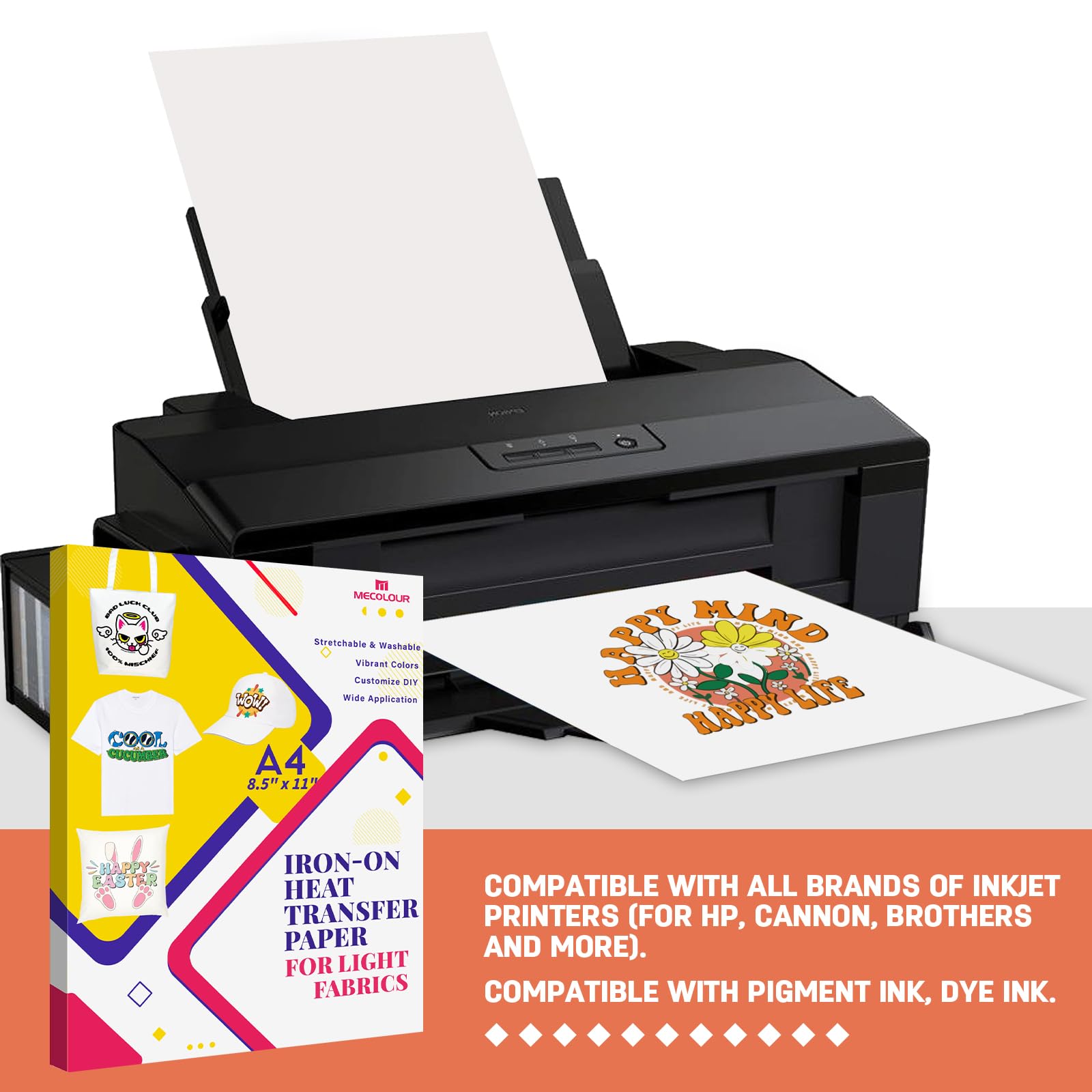 MECOLOUR Iron-On Heat Transfer Paper for Light Fabrics - Printable T-Shirt Printing Paper for Inkjet Printer (8.5