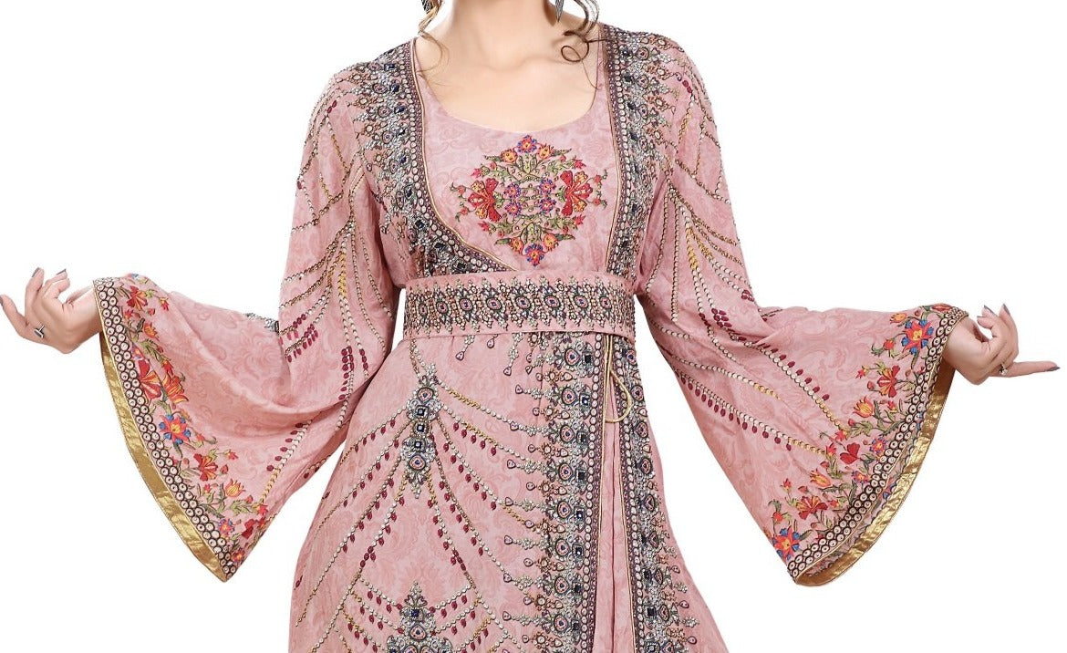 Elegant Light Pink Printed Kaftan with Crystal Luxe Beads - Boho Chic Beach Cover Up, Resort Wear & Summer Party Dress for Women