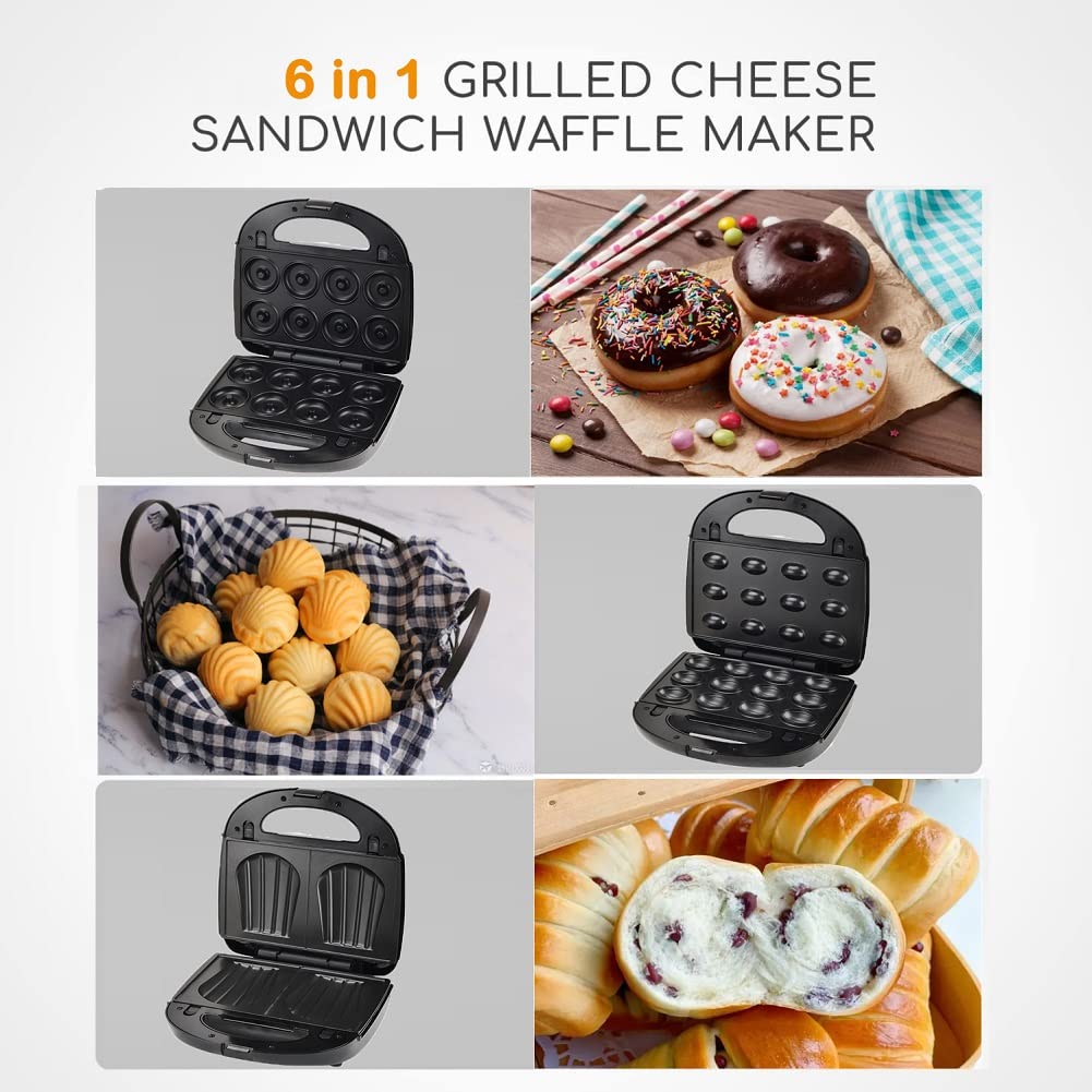 SOKANY 6-in-1 Multi-Function Sandwich Maker & Waffle Iron - 750W Electric Grill with Non-Stick Plates (Panini Press, Donut Maker, Double-Sided Cooking) - Perfect for Breakfast, Snacks & Party Food Preparation