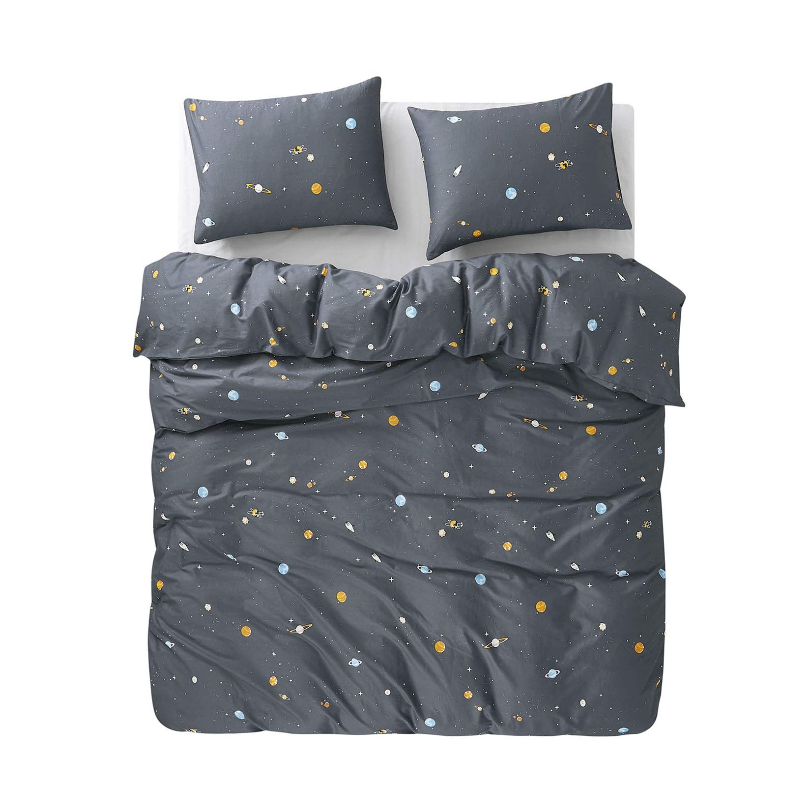 Wake In Cloud - 100% Cotton Space Themed Comforter Set with Constellation, Stars & Astronaut Design for Kids & Teens | 3-Piece Bedding Set in Gray | King Size | Perfect for Boys' Bedrooms & Space-Themed Decor