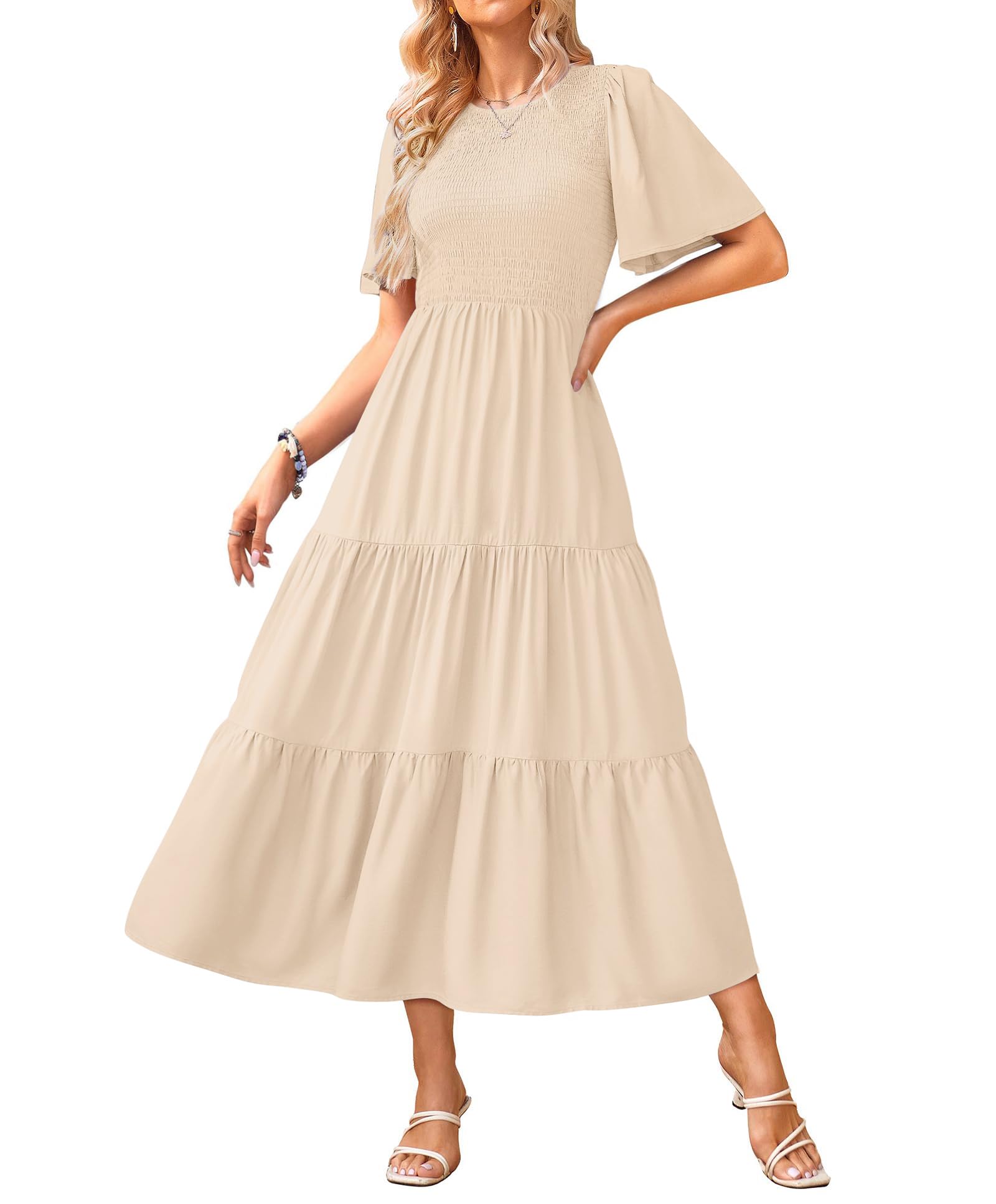 KIRUNDO Women's Flutter Short Sleeve Midi Dress - Smocked Tiered A-Line Summer Dress for Casual Outings, Beach Vacations & Date Nights | Spring Summer Fashion 2025