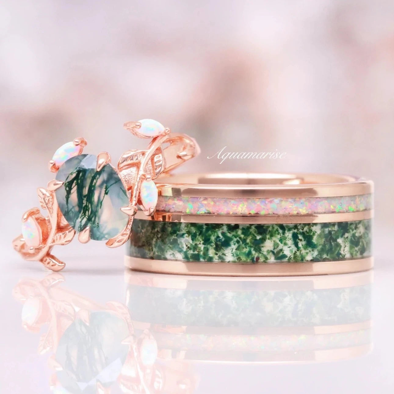 Natural Moss Agate & Fire Opal Couples Ring Set for Women & Men – Handmade Sterling Silver Wedding Band, Anniversary Gift for Couples, Perfect for Engagements, Valentine's Day & Romantic Occasions