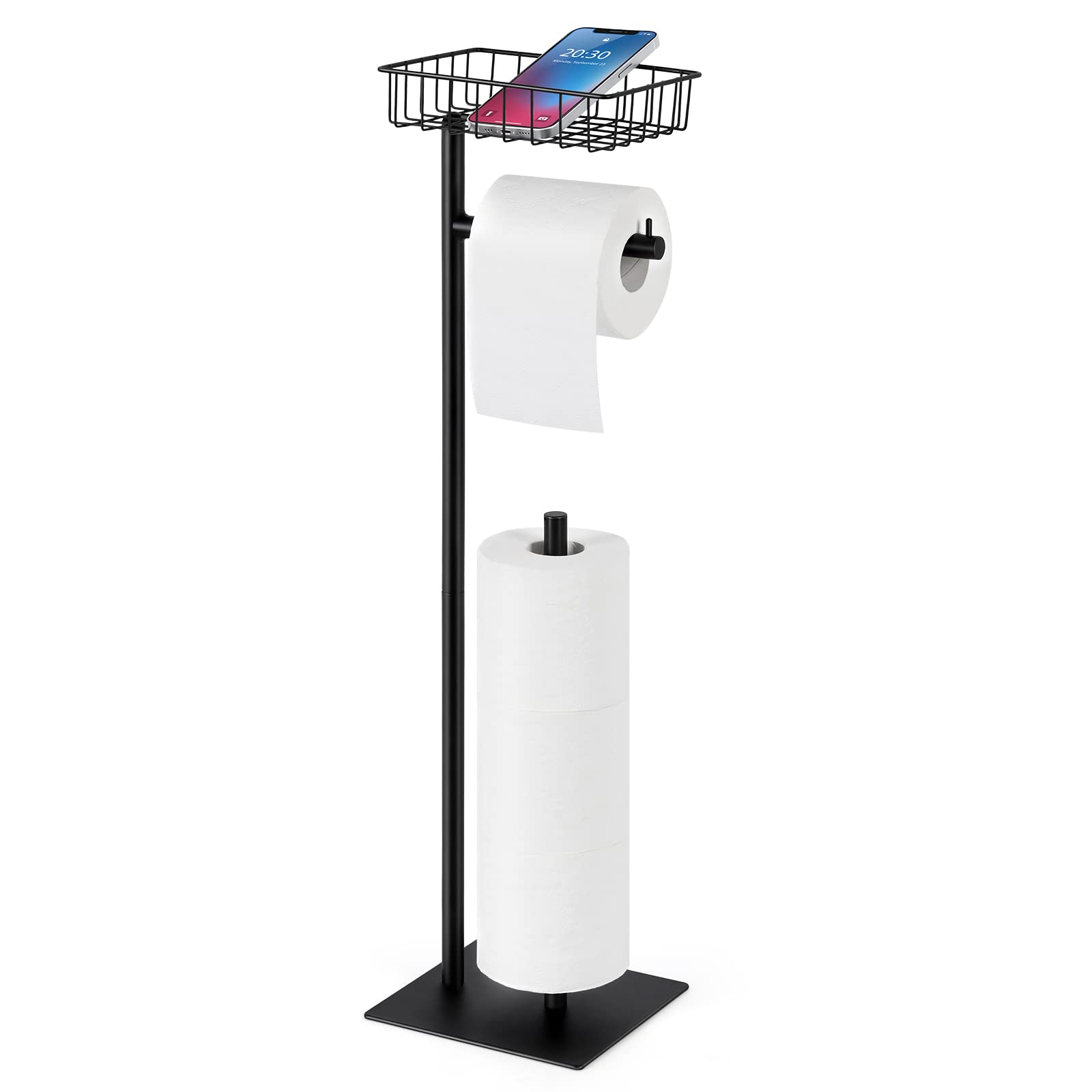 Free Standing Toilet Paper Holder Stand with Storage Basket - Industrial Style Bathroom Tissue Dispenser in Matte Black - Perfect for Home, Office, and RV Use