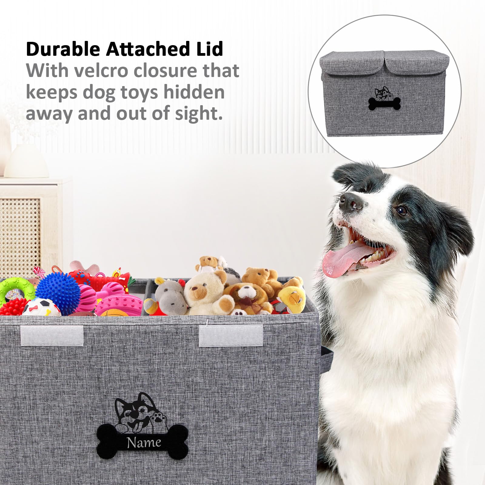 Durable Large Dog Toy Storage Box with Lid - Chew Proof & Collapsible Pet Toy Organizer for Dogs - Personalized Gray Fabric Toy Bin | Perfect for Living Room, Bedroom & Pet Play Area Organization