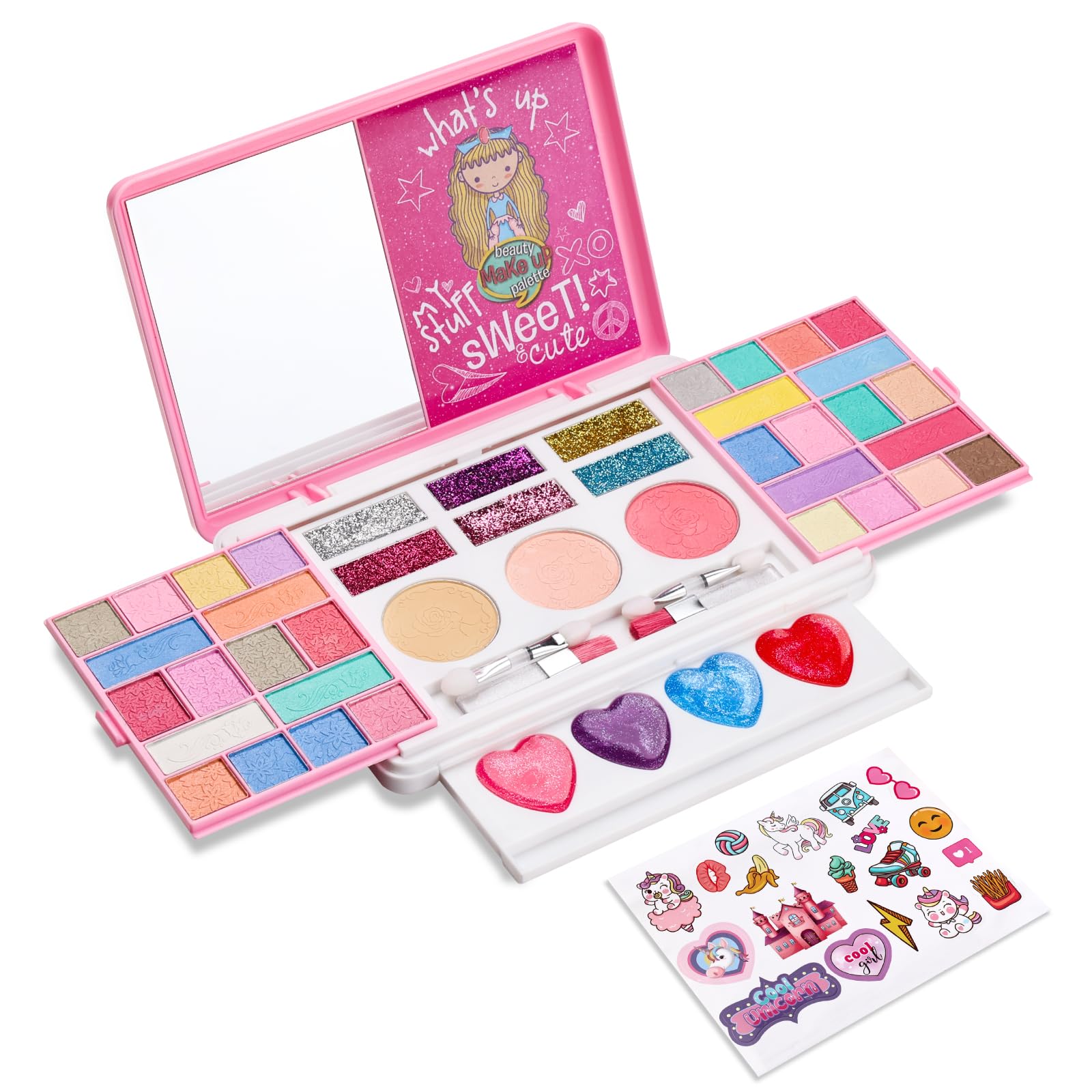 Anpro Girls Makeup Kit with Mirror & Stickers - Safe & Washable for Kids Birthday Gift Ages 3-10
