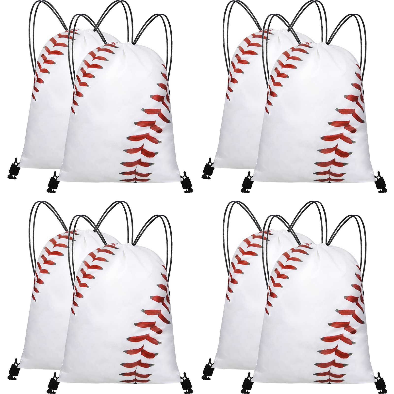 8-Piece White Baseball Pattern Drawstring Party Favor Bags - Sports Gym Backpack Pouches for Kids Birthday Favors, Team Events & School Activities