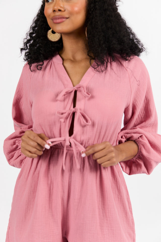 Endless Sunshine Pink Tie Front Long Sleeve Romper - Women's Summer Jumpsuit with Adjustable Waist | Perfect for Beach Vacations, Music Festivals & Date Nights